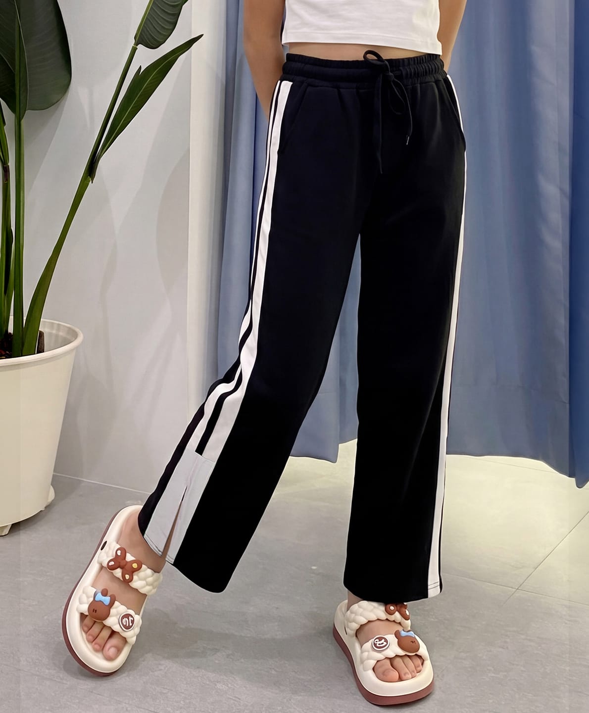 Lil Tomatoes Cotton Looper Knit Striped Pants - Black-image-9