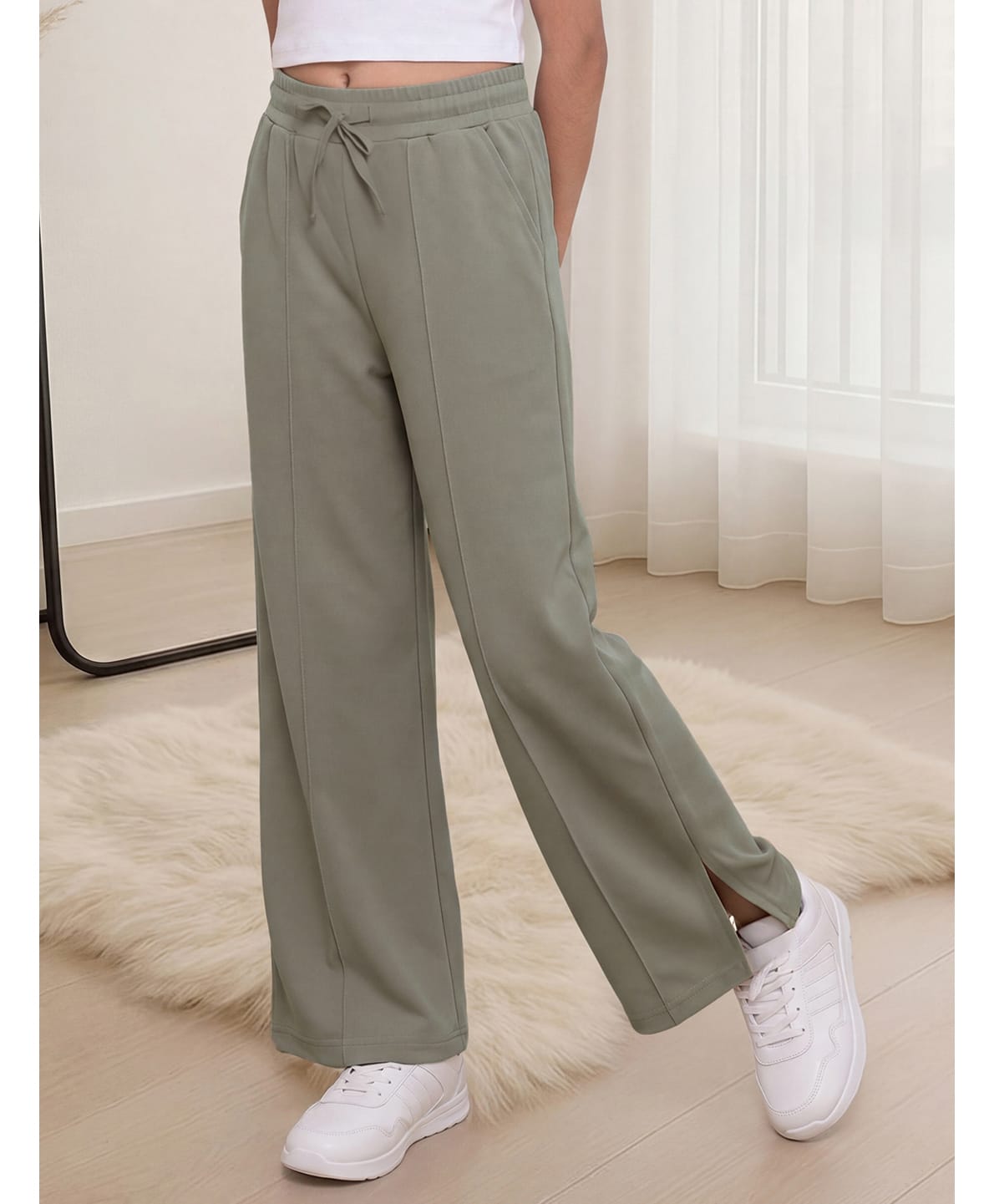 Lil Tomatoes Cotton Looper Knit Solid Slit Pants - Olive Green-image-41