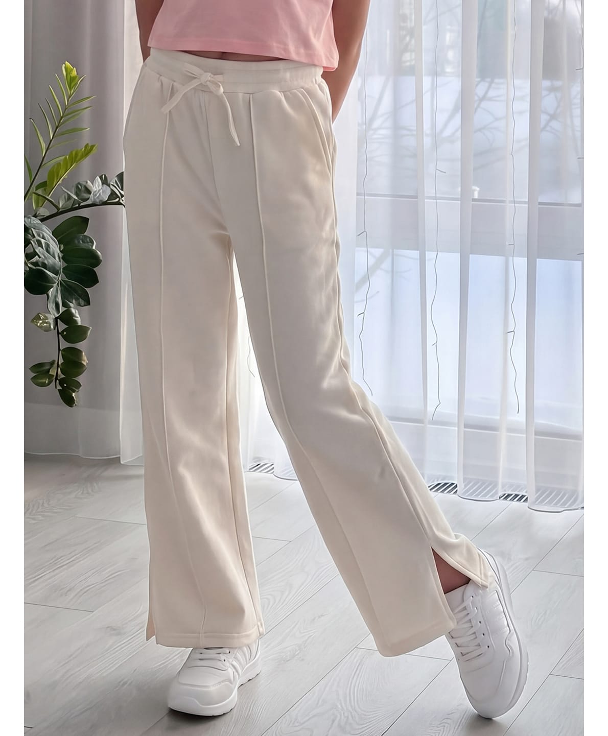 Lil Tomatoes Cotton Looper Knit Solid Slit Pants - White-picture-15