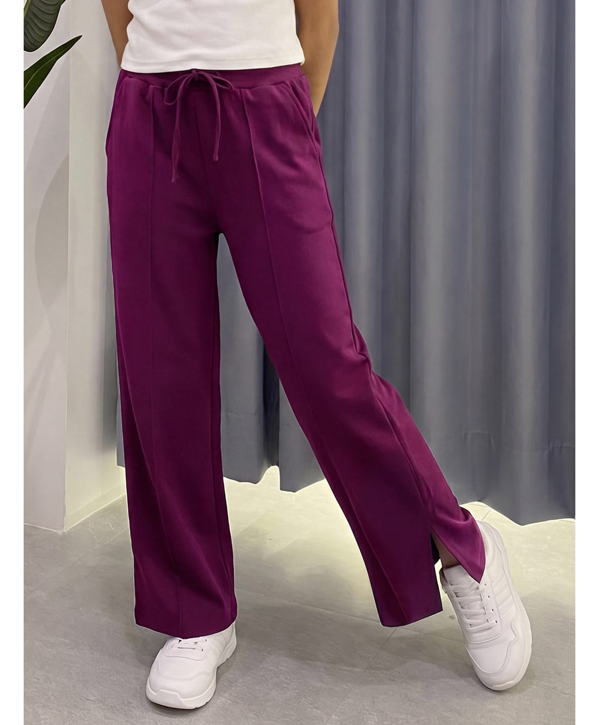 Lil Tomatoes Cotton Looper Knit Solid Slit Pants - Wine-picture-20
