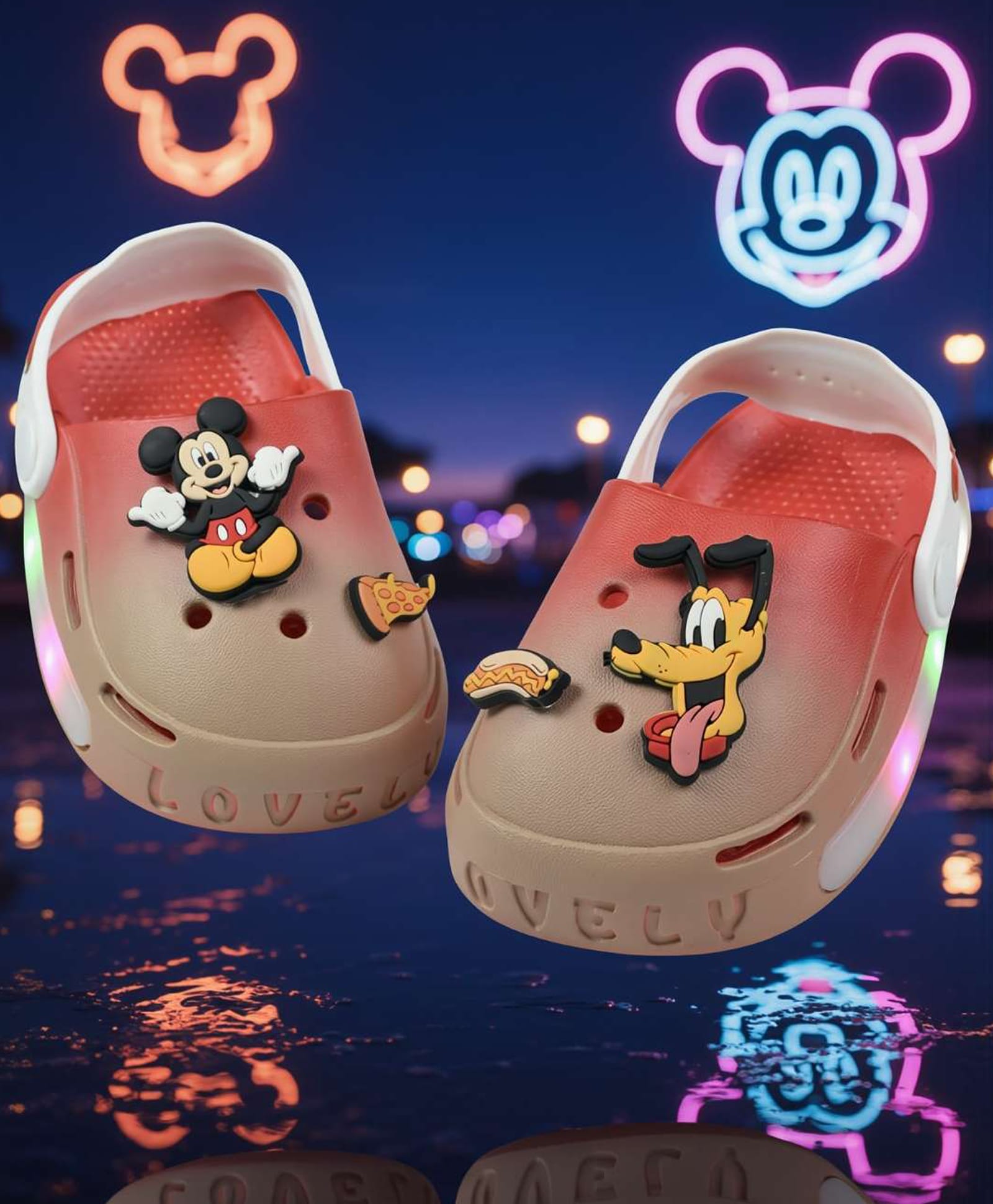 Yellow Bee Disney Featuring Mickey & Pluto Applique Detailed Led Clogs - Red & Beige-picture-26