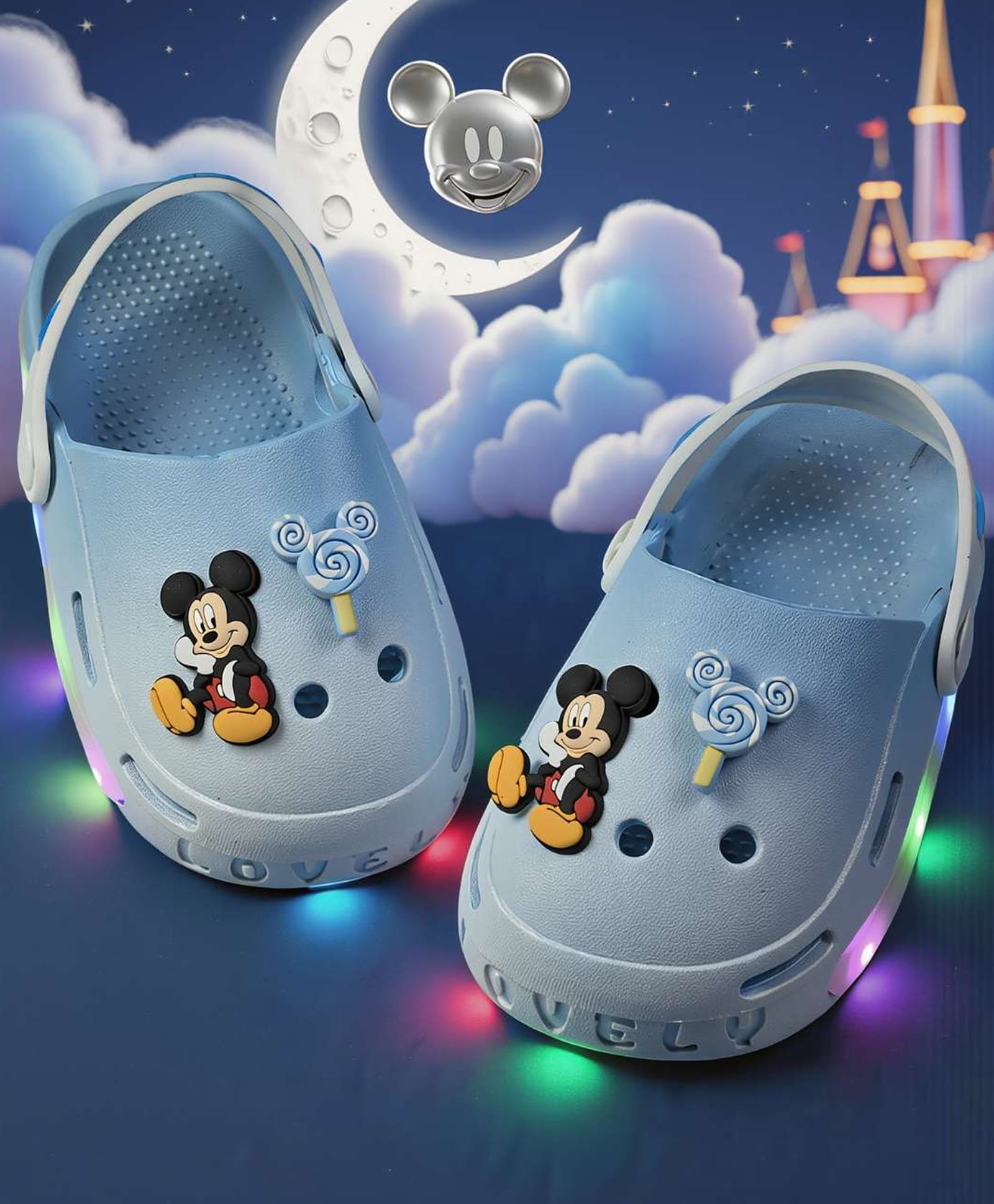 Yellow Bee Disney Featuring Mickey Mouse Applique Detailed Perforated Slingback LED Clogs - Light Blue-picture-24