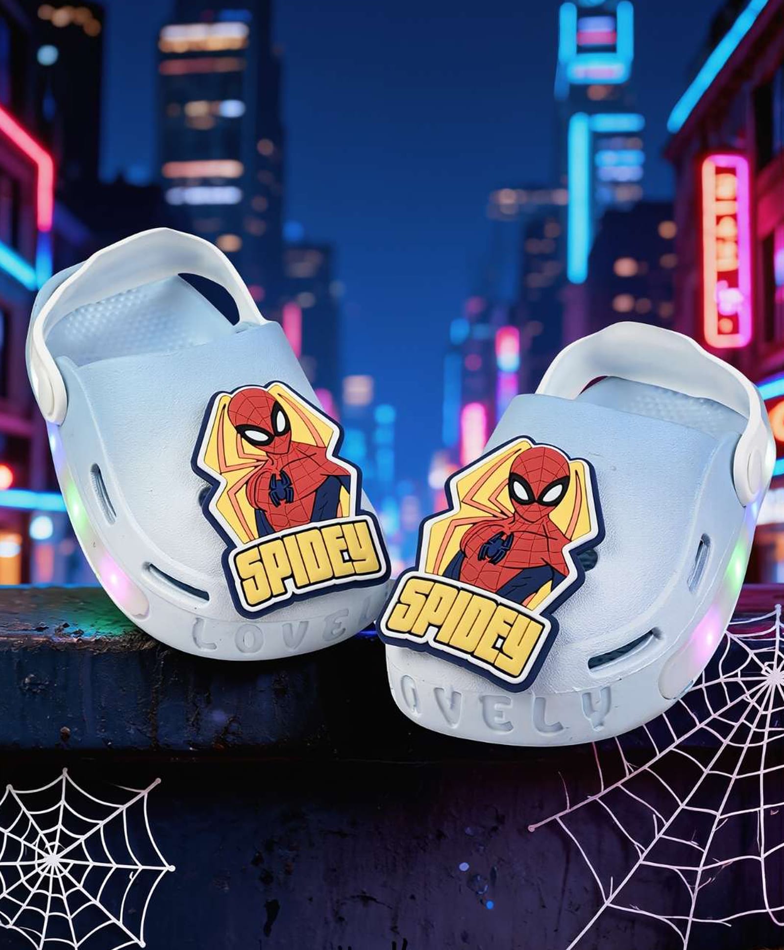 Yellow Bee Marvel Featuring Spiderman Applique Detailed Perforated Slingback LED Clogs - Light Blue-picture-22