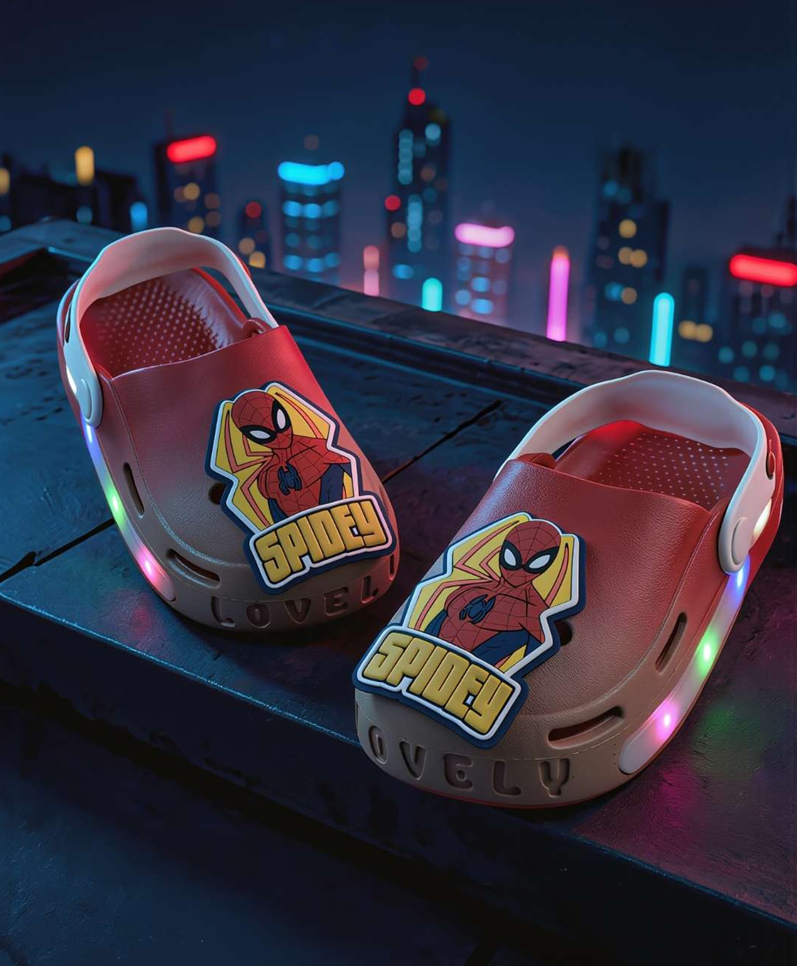 Yellow Bee Marvel Featuring Spiderman Applique Detailed Perforated Slingback LED Clogs - Red & Beige-picture-23