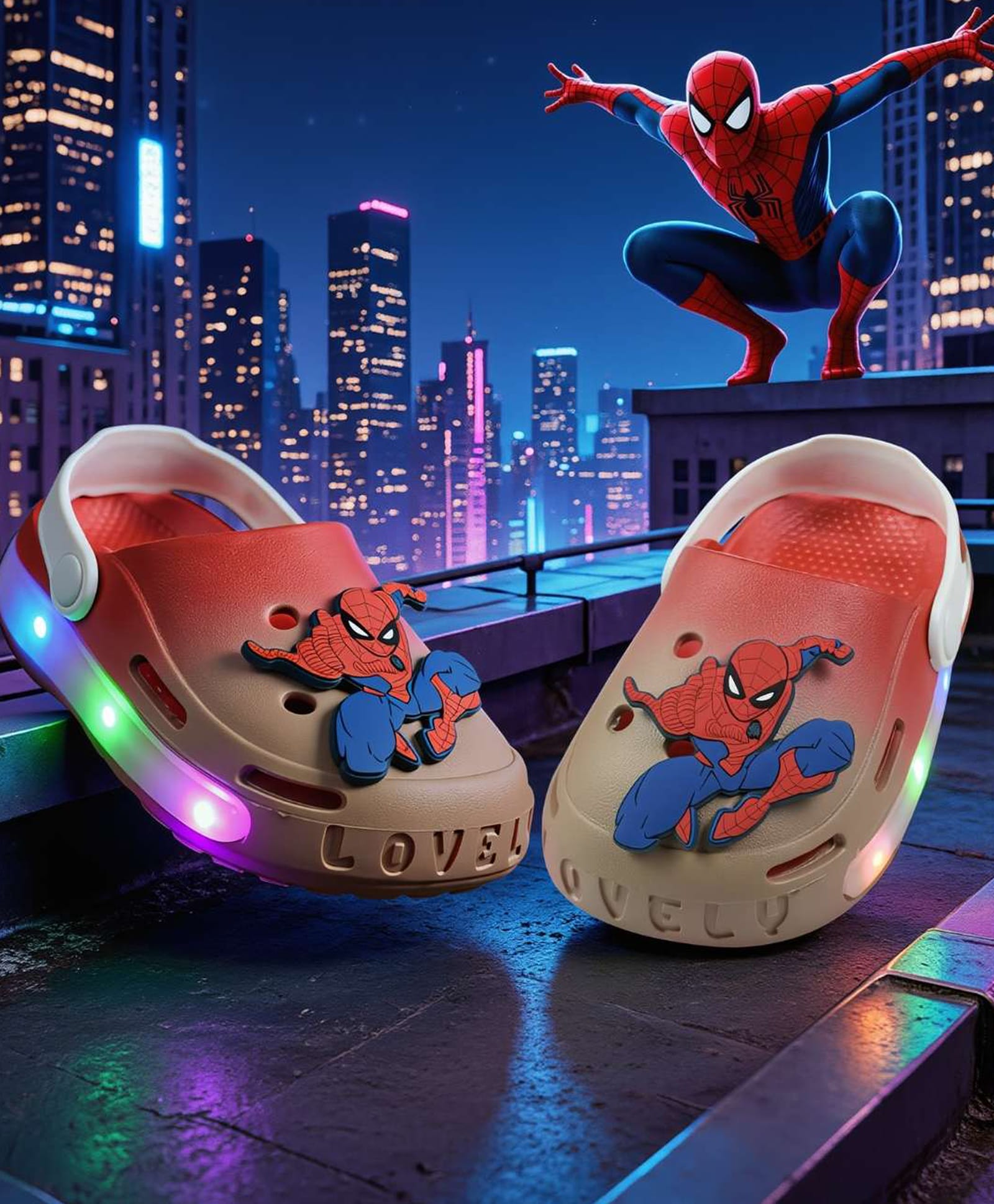 Yellow Bee Marvel Featuring Spiderman Applique Detailed Perforated Slingback LED Clogs - Red & Beige-picture-17