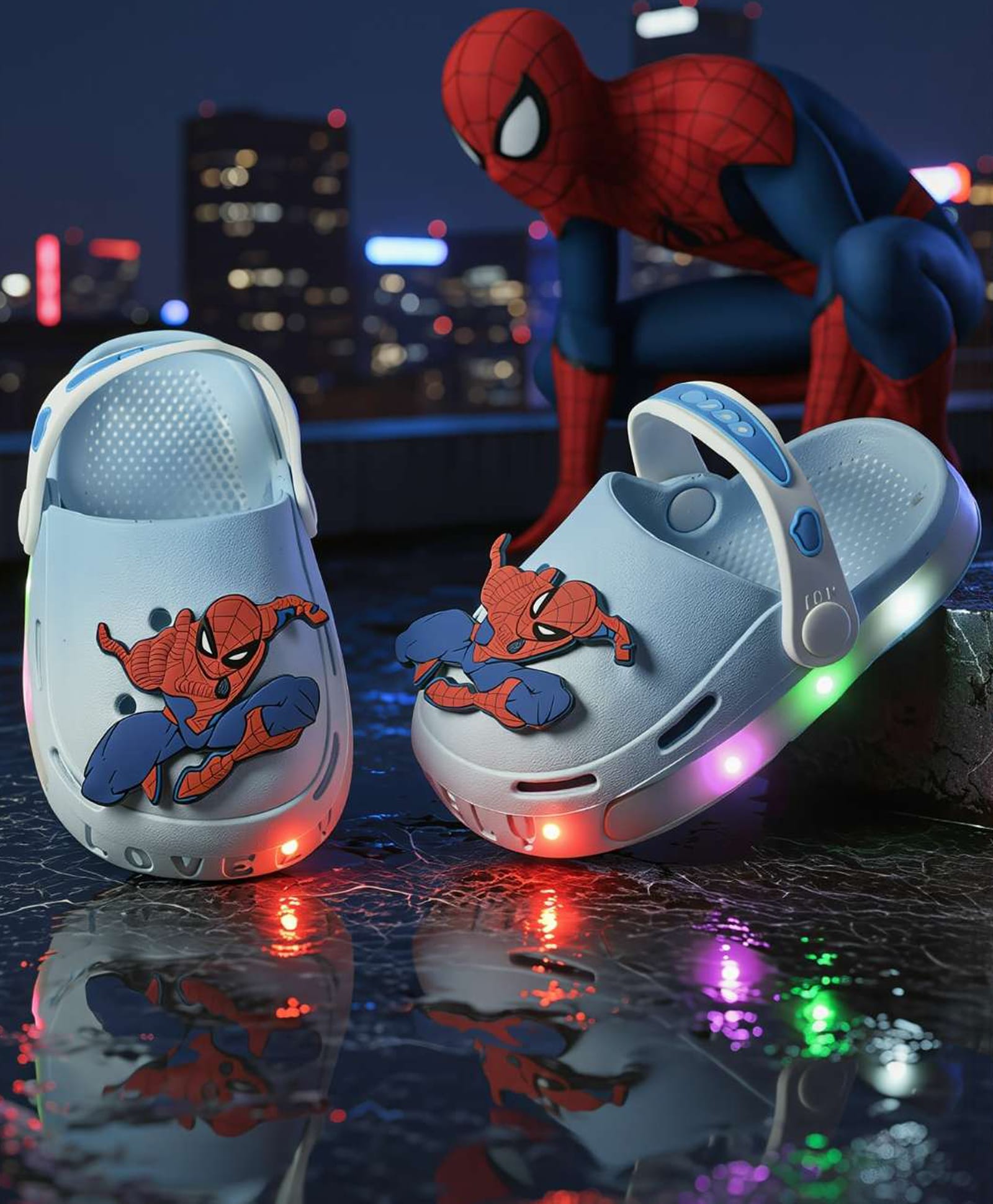 Yellow Bee Marvel Featuring Spiderman Applique Detailed Perforated Slingback LED Clogs - Light Blue-picture-38