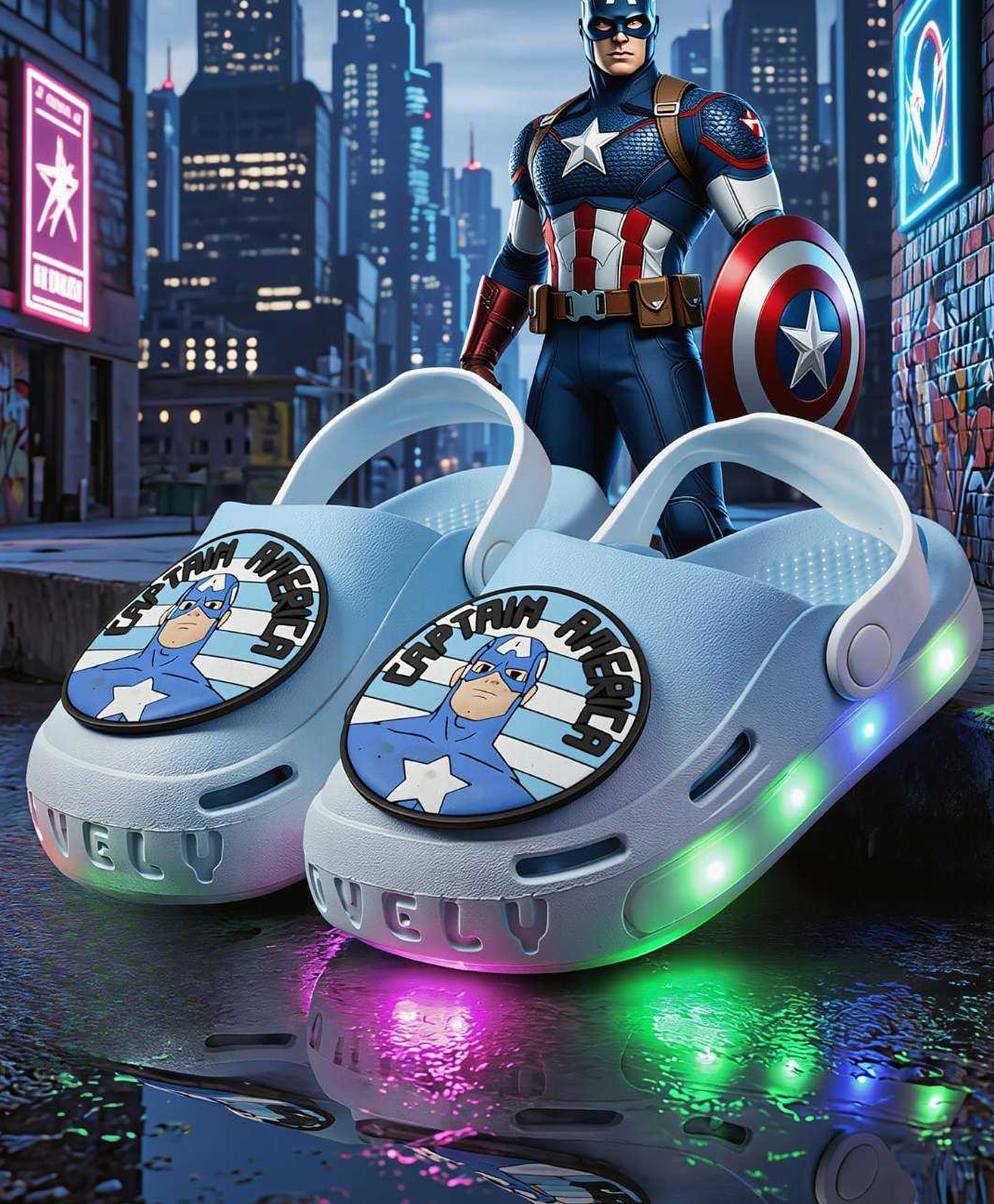 Yellow Bee Marvel Featuring Captain America Applique Detailed Perforated Slingback LED Clogs - Light Blue-picture-25