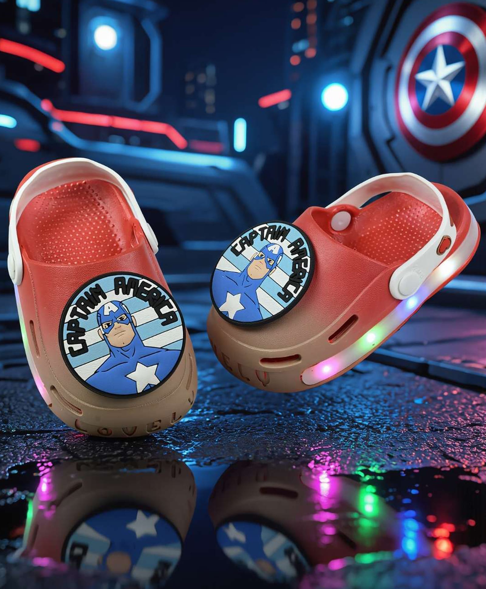 Yellow Bee Marvel Featuring Captain America Applique Detailed Perforated Slingback LED Clogs - Red & Beige-picture-20