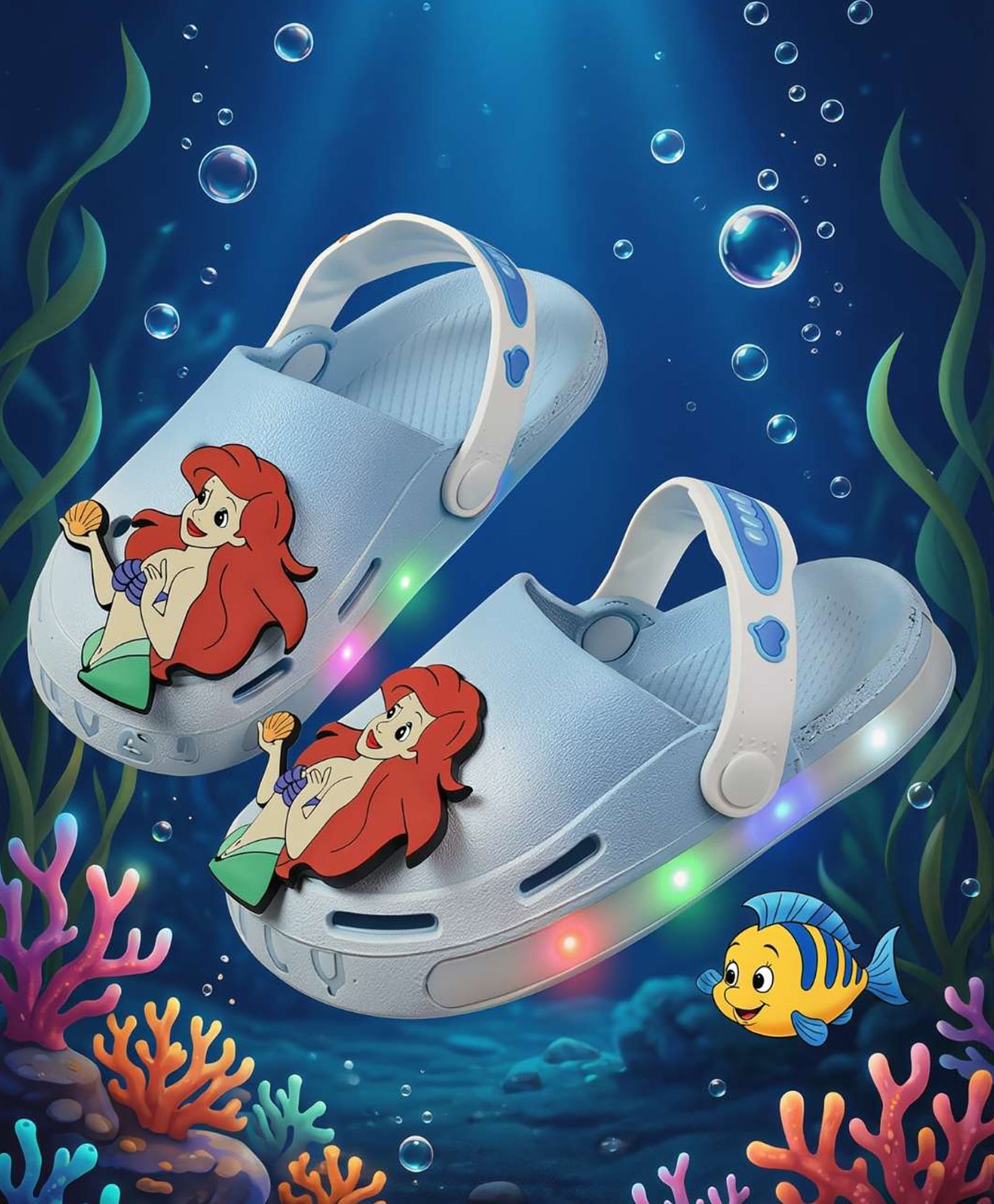 Yellow Bee Disney The Little Mermaid Featuring Ariel Applique Detailed Perforated Slingback LED Clogs - Light Blue-picture-22