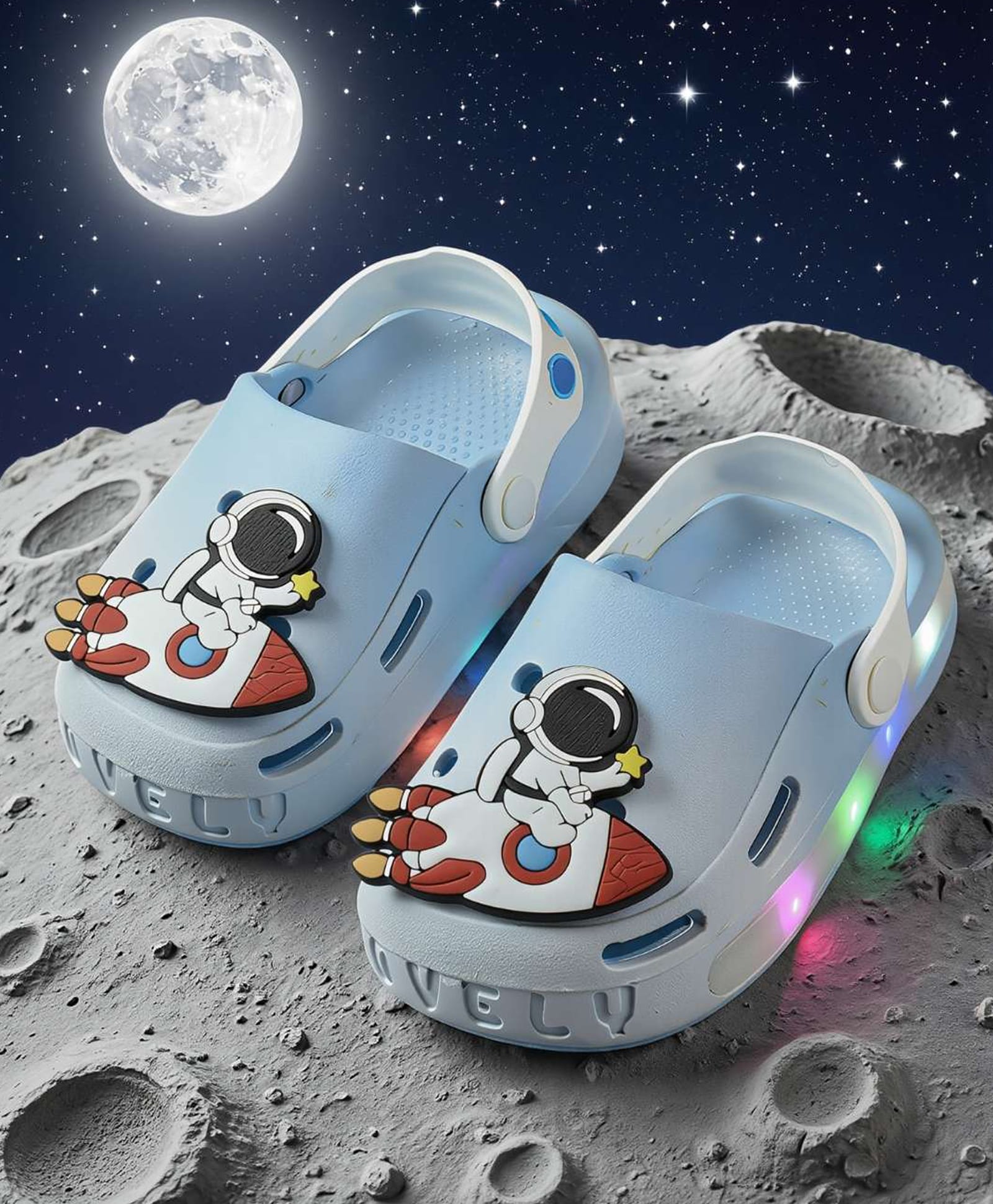 Yellow Bee Space Theme Applique Detailed Perforated Slingback Clogs - Light Blue-picture-26
