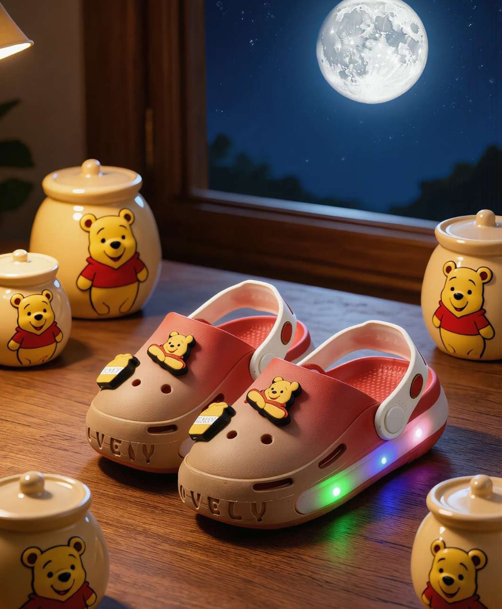 Yellow Bee Disney Featuring Winnie The Pooh Applique Detailed Perforated Slingback LED Clogs - Red & Beige-picture-23