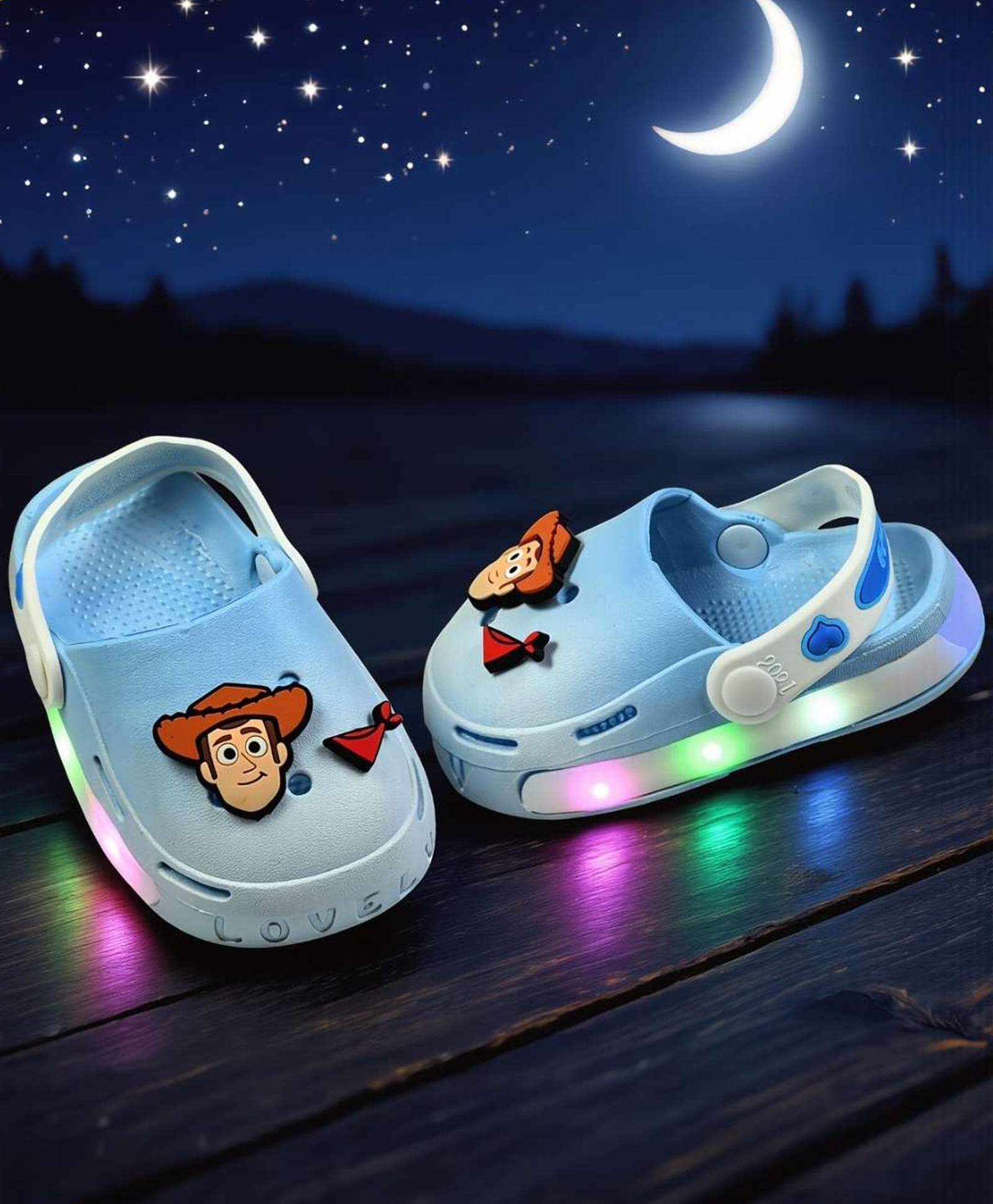Yellow Bee Disney Toy Story Featuring Woody Applique Detailed Perforated Slingback LED Clogs - Light Blue-picture-12