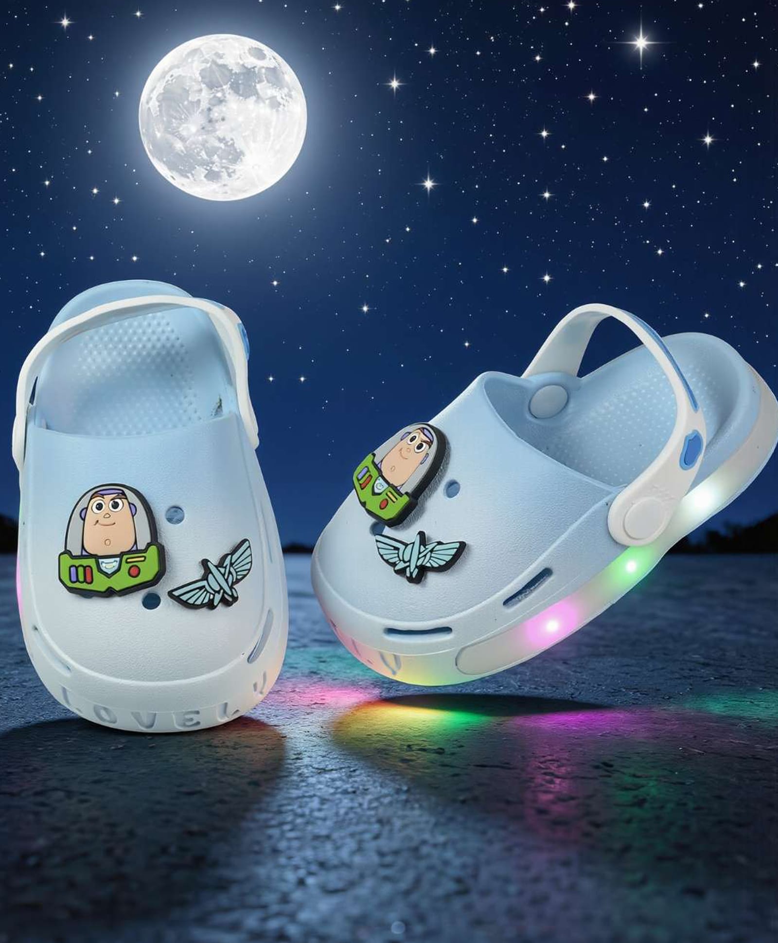 Yellow Bee Disney Toy Story Featuring Buzz Lightyear Applique Detailed Perforated Slingback LED Clogs - Light Blue-picture-28