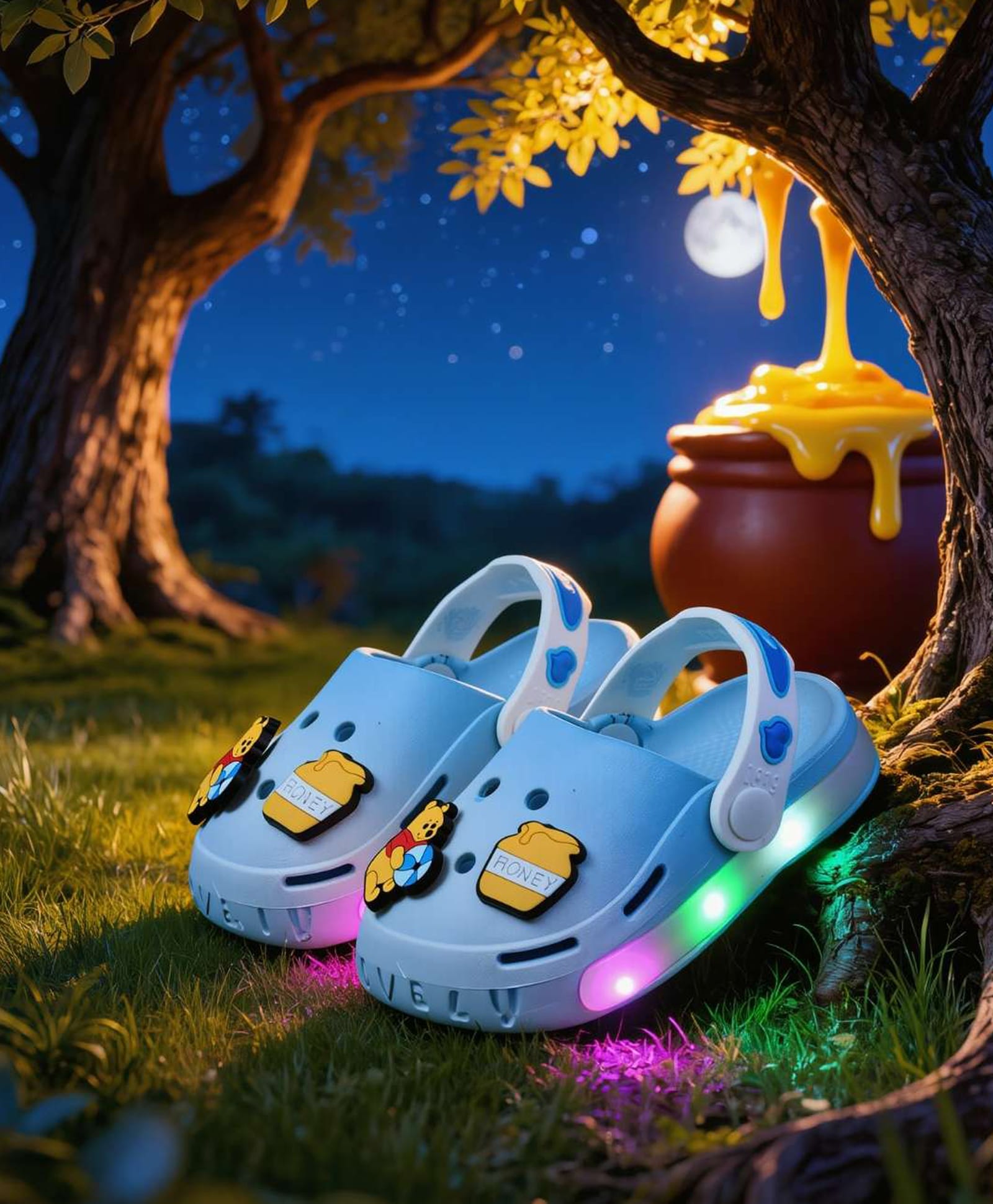 Yellow Bee Disney Featuring Winnie The Pooh Applique Detailed Perforated Slingback LED Clogs - Light Blue-picture-24