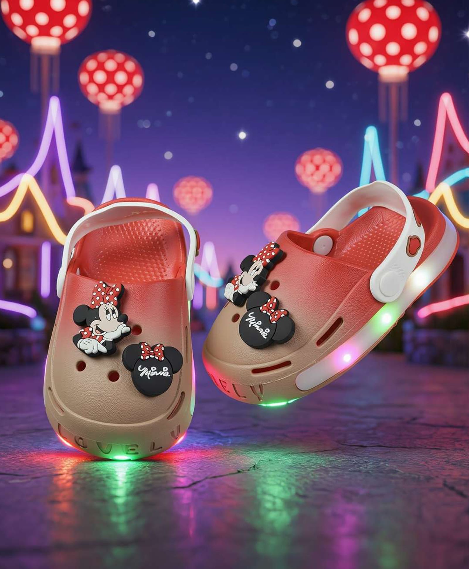 Yellow Bee Disney Featuring Minnie Mouse Applique Detailed LED Clogs - Red & Beige-picture-19
