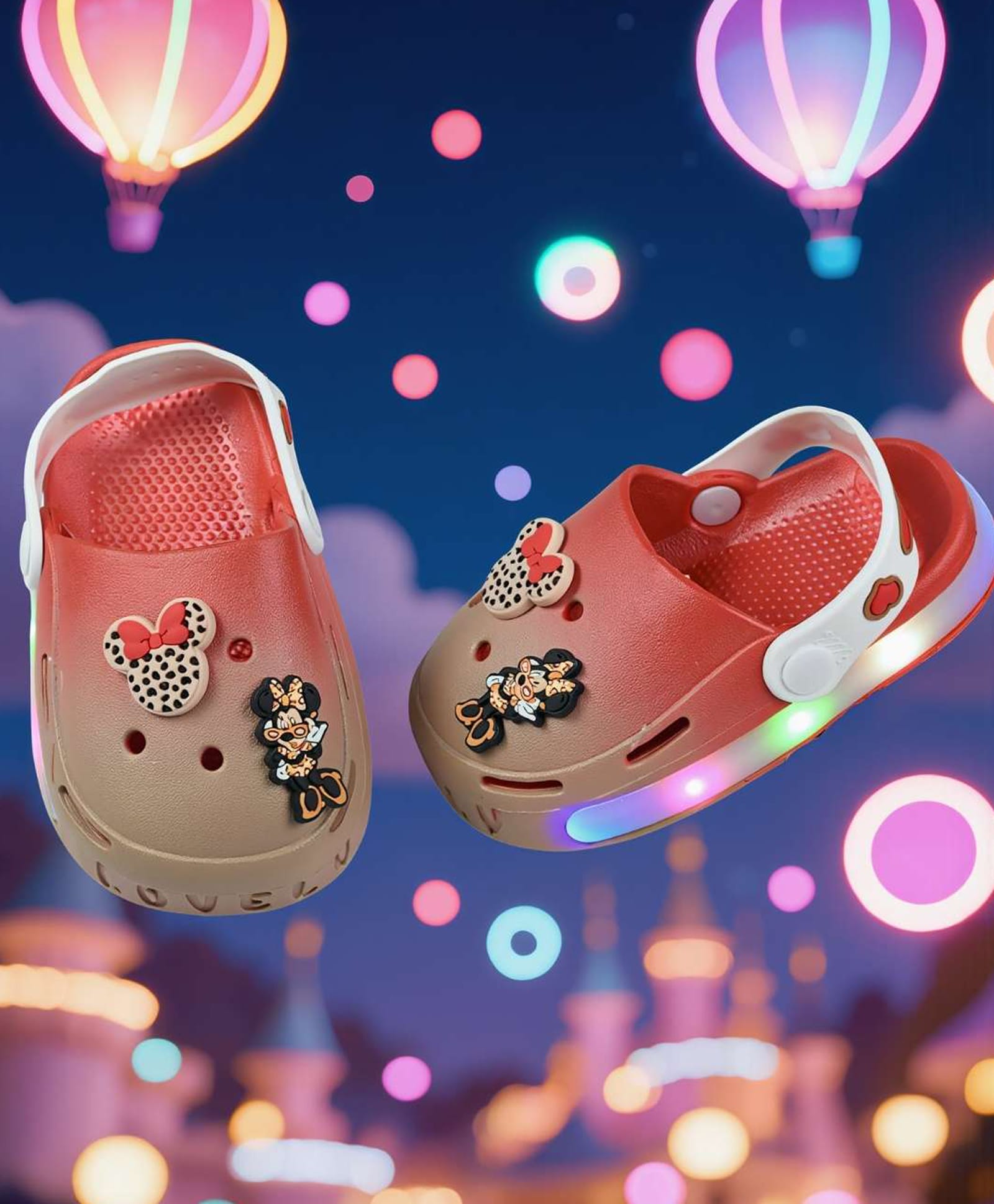 Yellow Bee Disney Featuring Minnie Mouse Applique Detailed Perforated Slingback LED Clogs - Red & Beige-picture-20