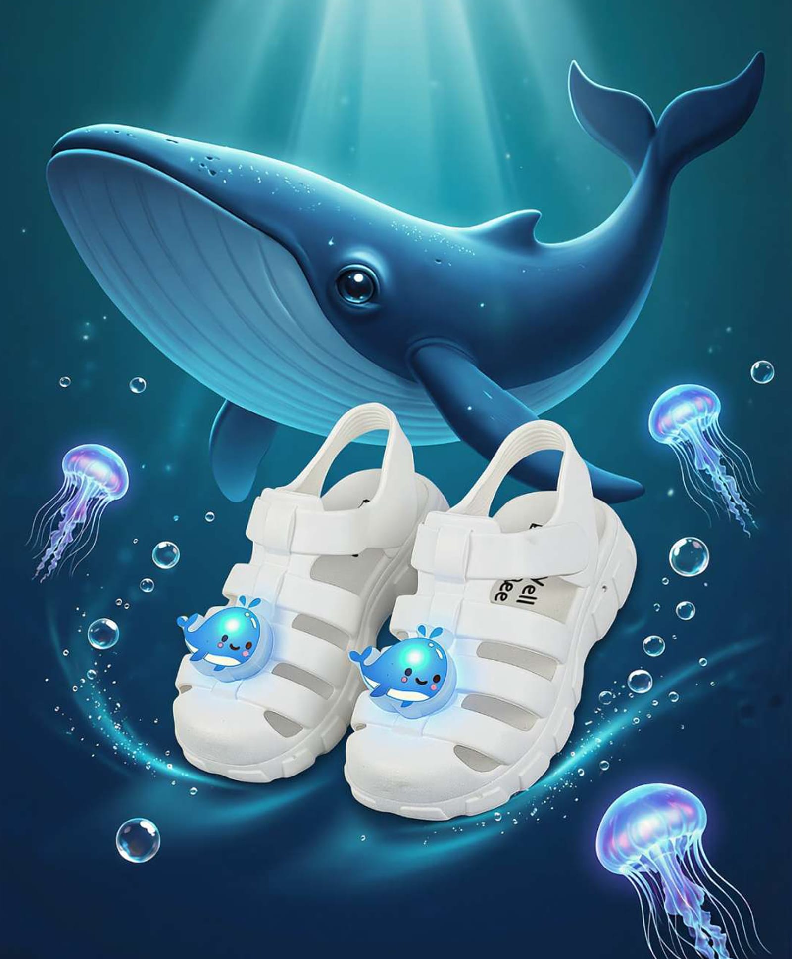 Yellow Bee Whale Applique Detailed Perforated Slip On LED Sandals - White-picture-13