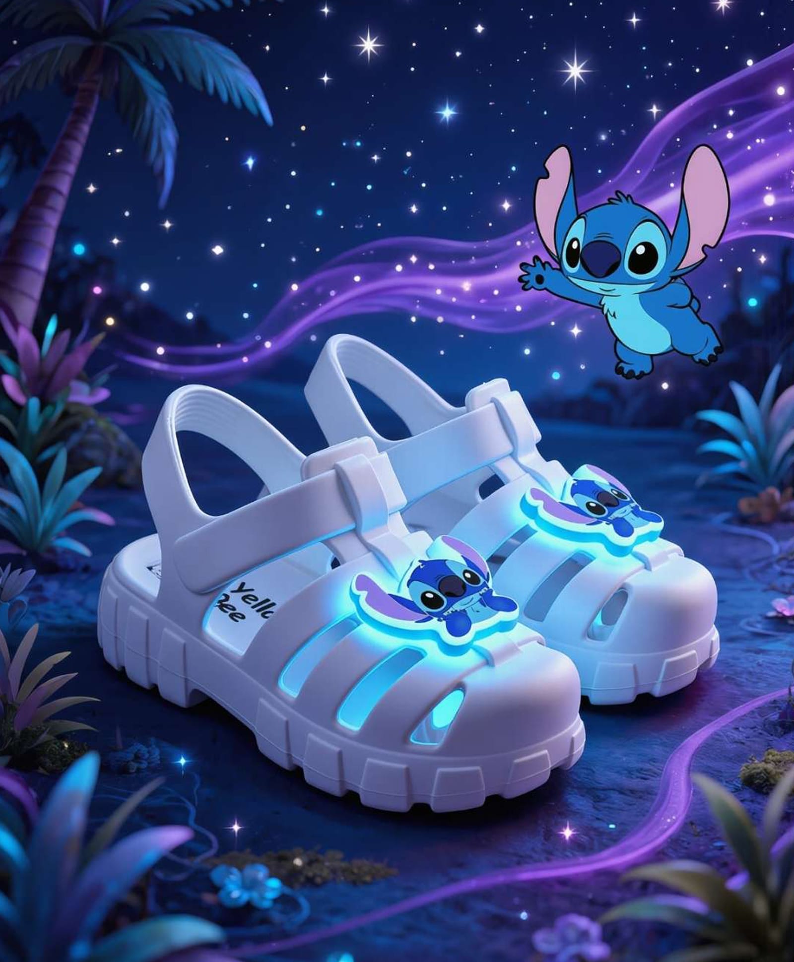 Yellow Bee Disney Featuring Stitch Applique Detailed Perforated Slip On LED Sandals - White-picture-24