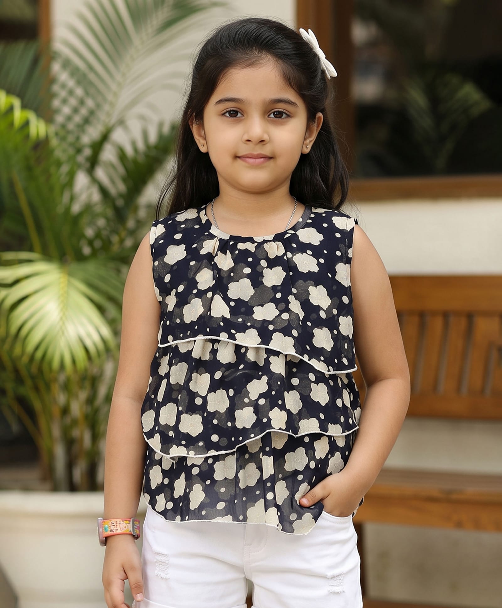 Kiddopanti Georgette Woven Sleeveless Floral Printed Layered Top - Navy Blue-picture-11