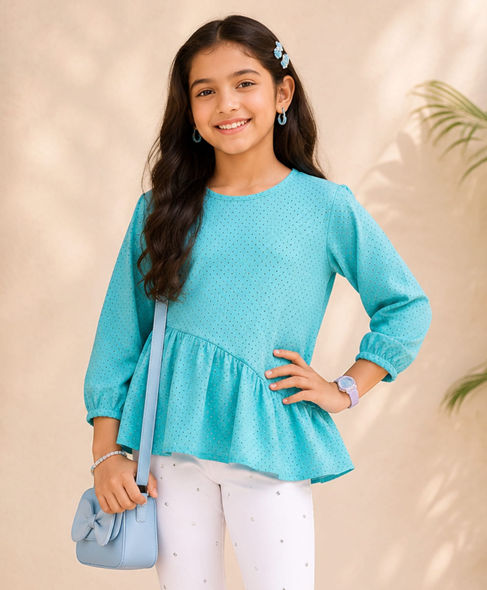 Kiddopanti Georgette Woven Three Fourth Sleeves Schiffli Embroidered Top - Aqua Blue-picture-11