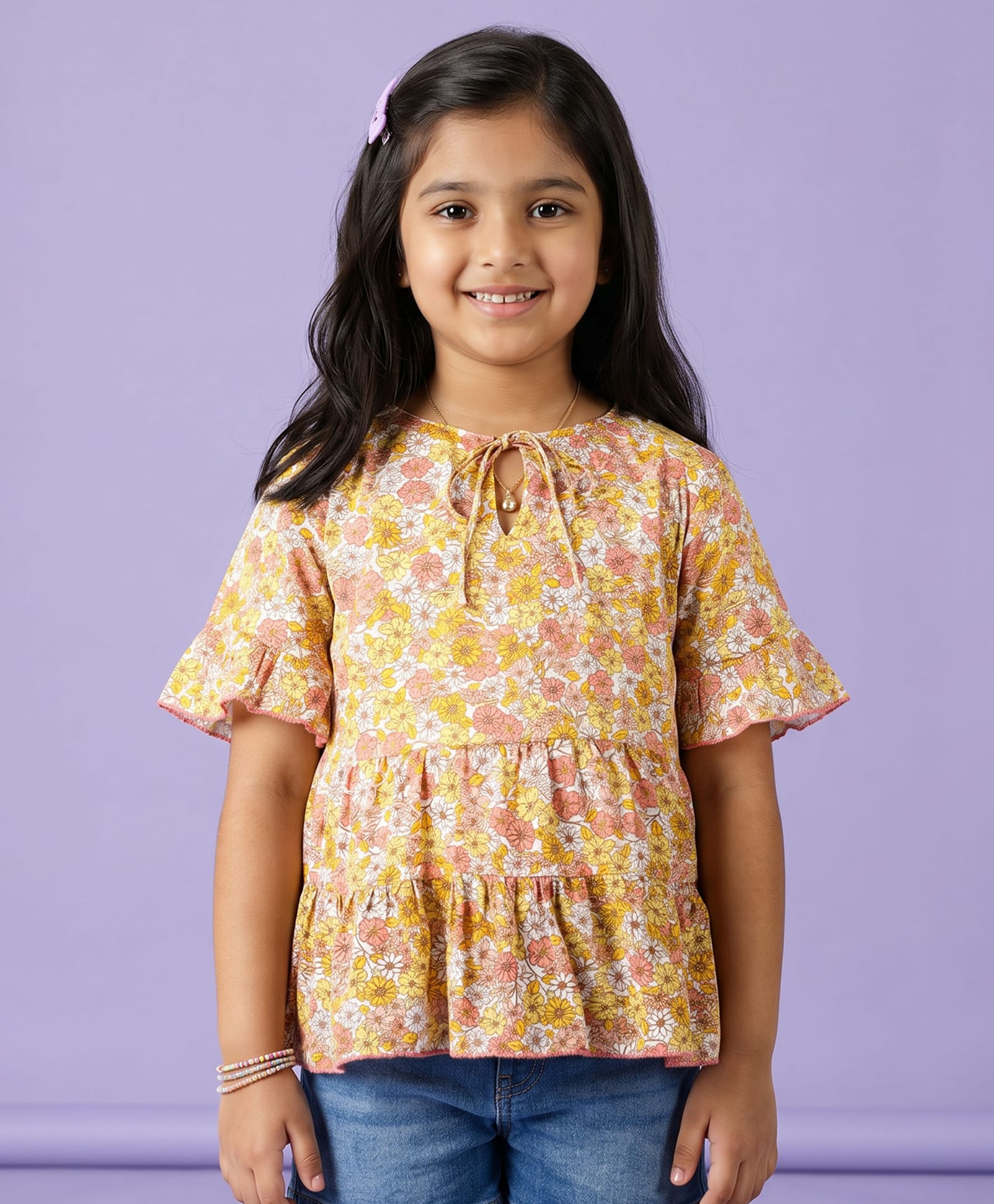 Kiddopanti Georgette Woven Half Sleeves Floral Printed Tie Up Detailed Top - White & Yellow-picture-22