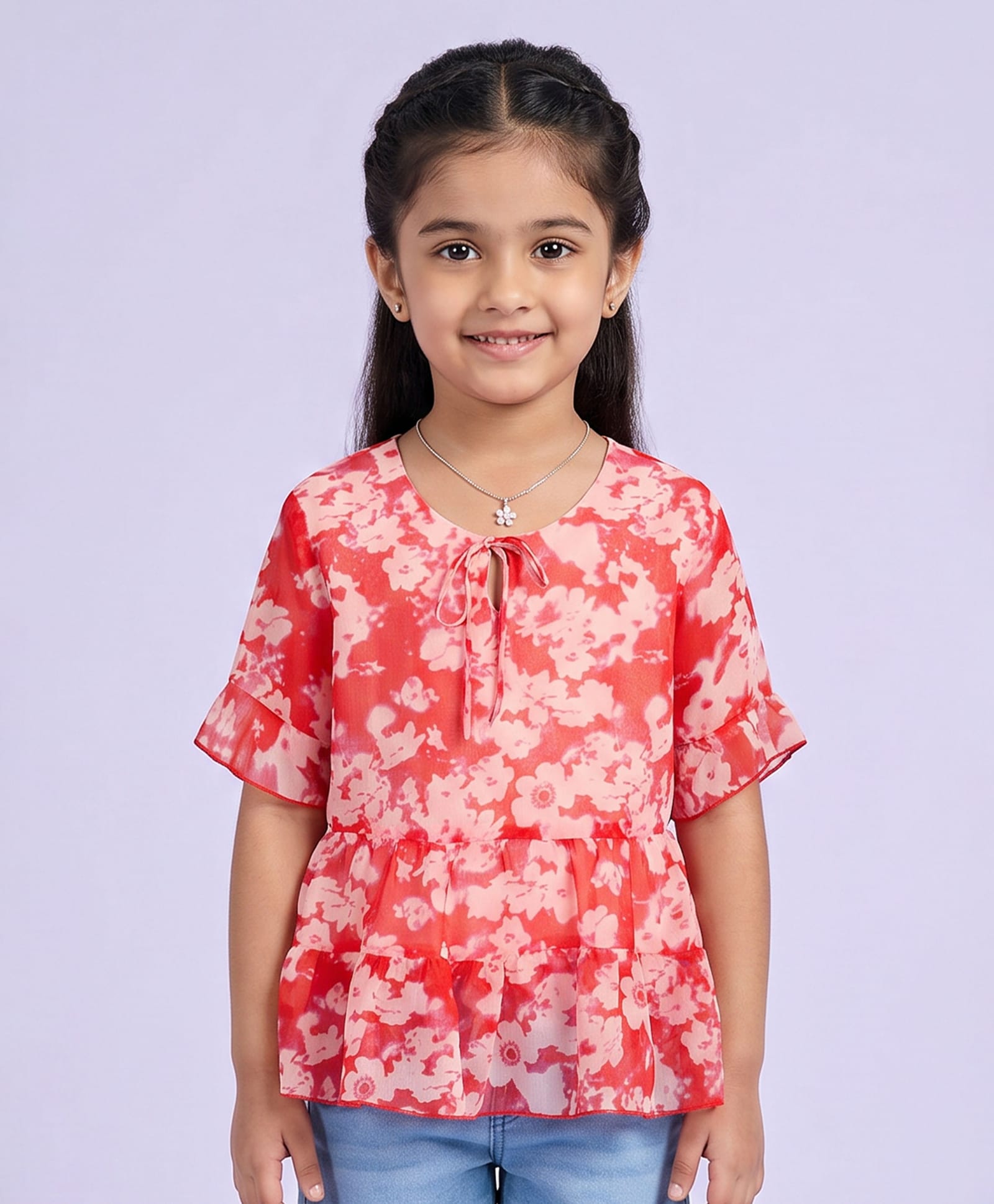 Kiddopanti Georgette Woven Half Sleeves Floral Printed Tie Up Detailed Top - Red-image-16