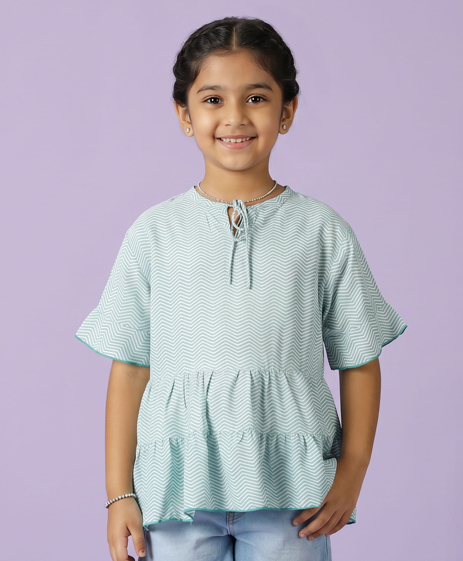 Kiddopanti Georgette Woven Half Sleeves Floral Printed Tie Up Detailed Top - White & Green-image-45