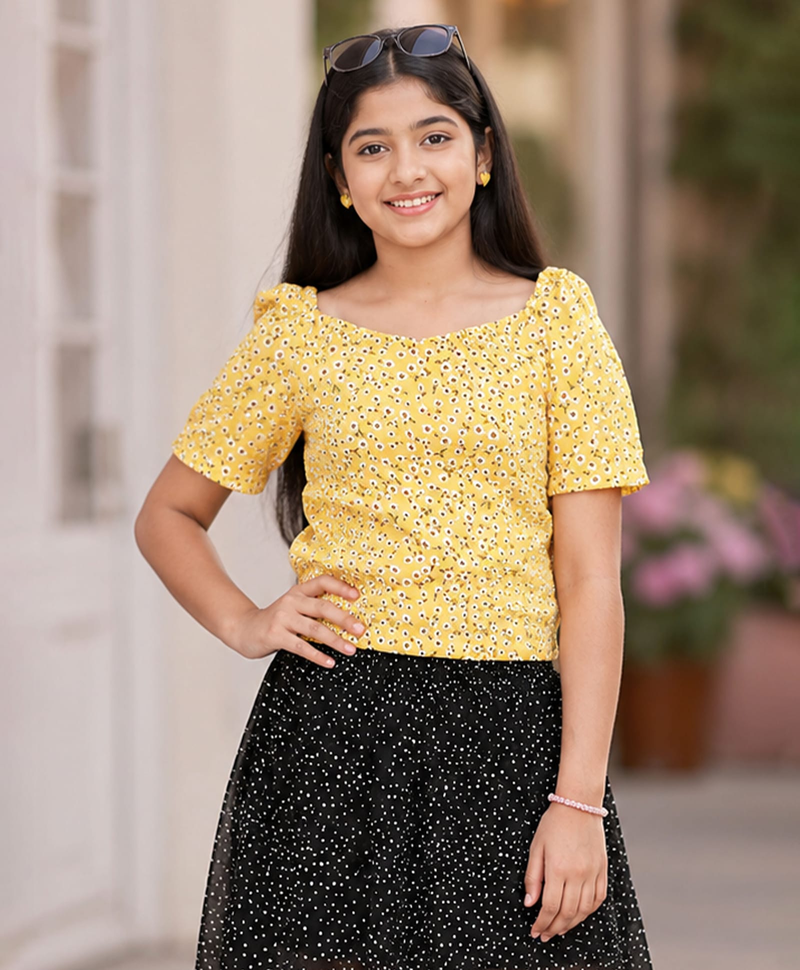 Kiddopanti Georgette Woven Half Sleeves Floral Printed Top - Yellow-image-17
