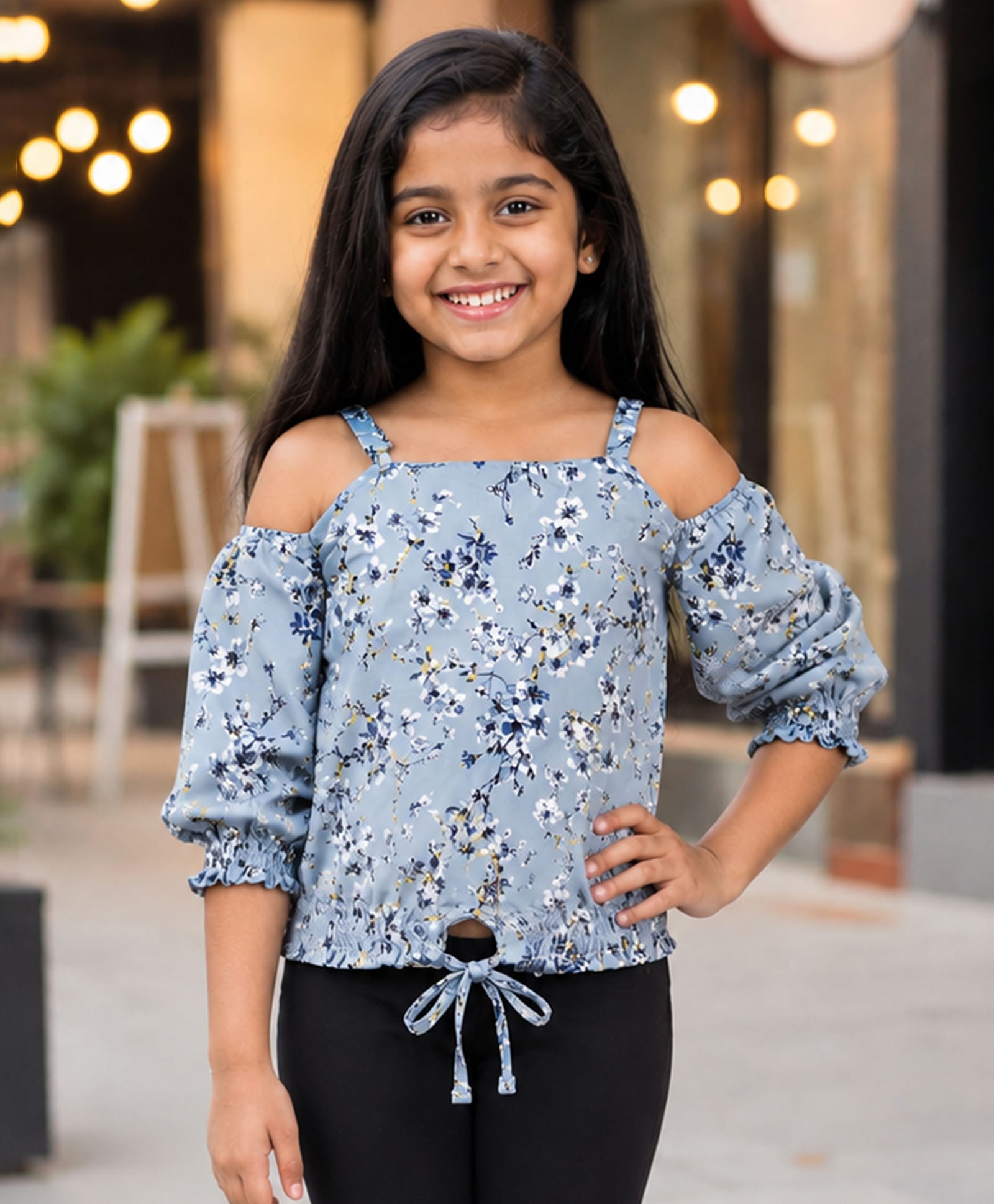 Kiddopanti Georgette Woven Cold Shoulder Three Fourth Sleeves Floral Printed Top - Light Blue-picture-25