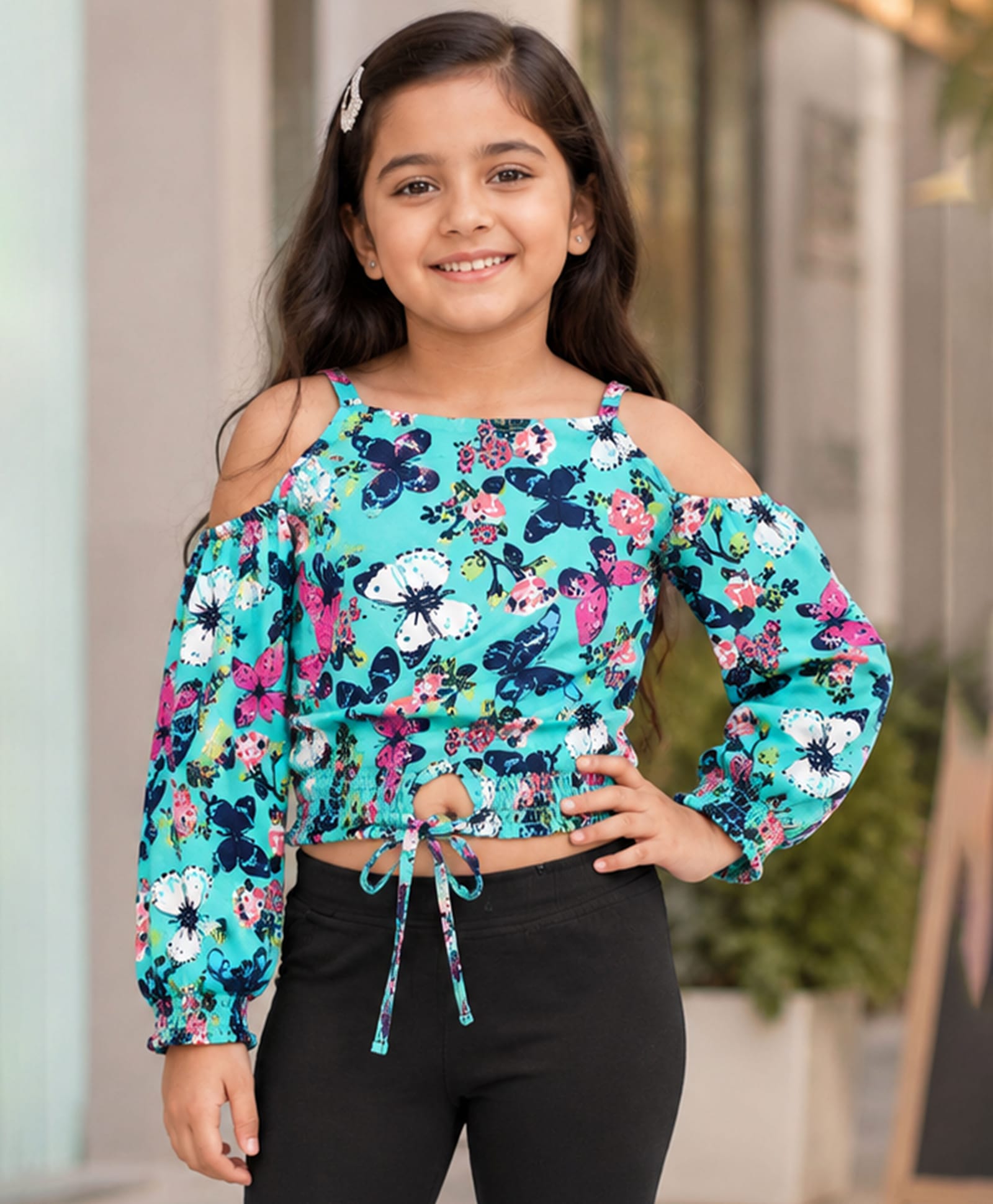Kiddopanti Georgette Woven Cold Shoulder Three Fourth Sleeves Floral Printed Top - Aqua-image-22