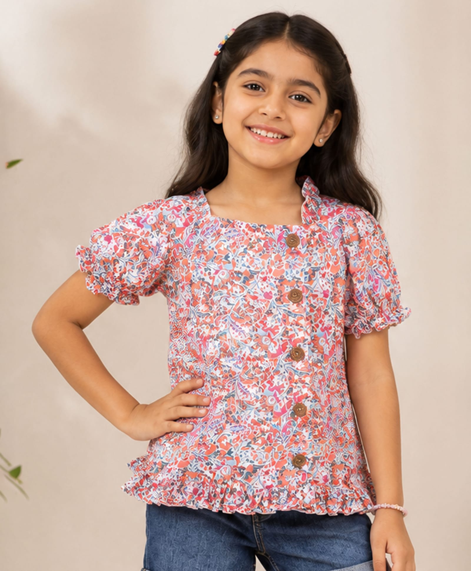 Kiddopanti Rayon Woven Half Puffed Sleeves Abstract Printed Top - White & Orange-image-43