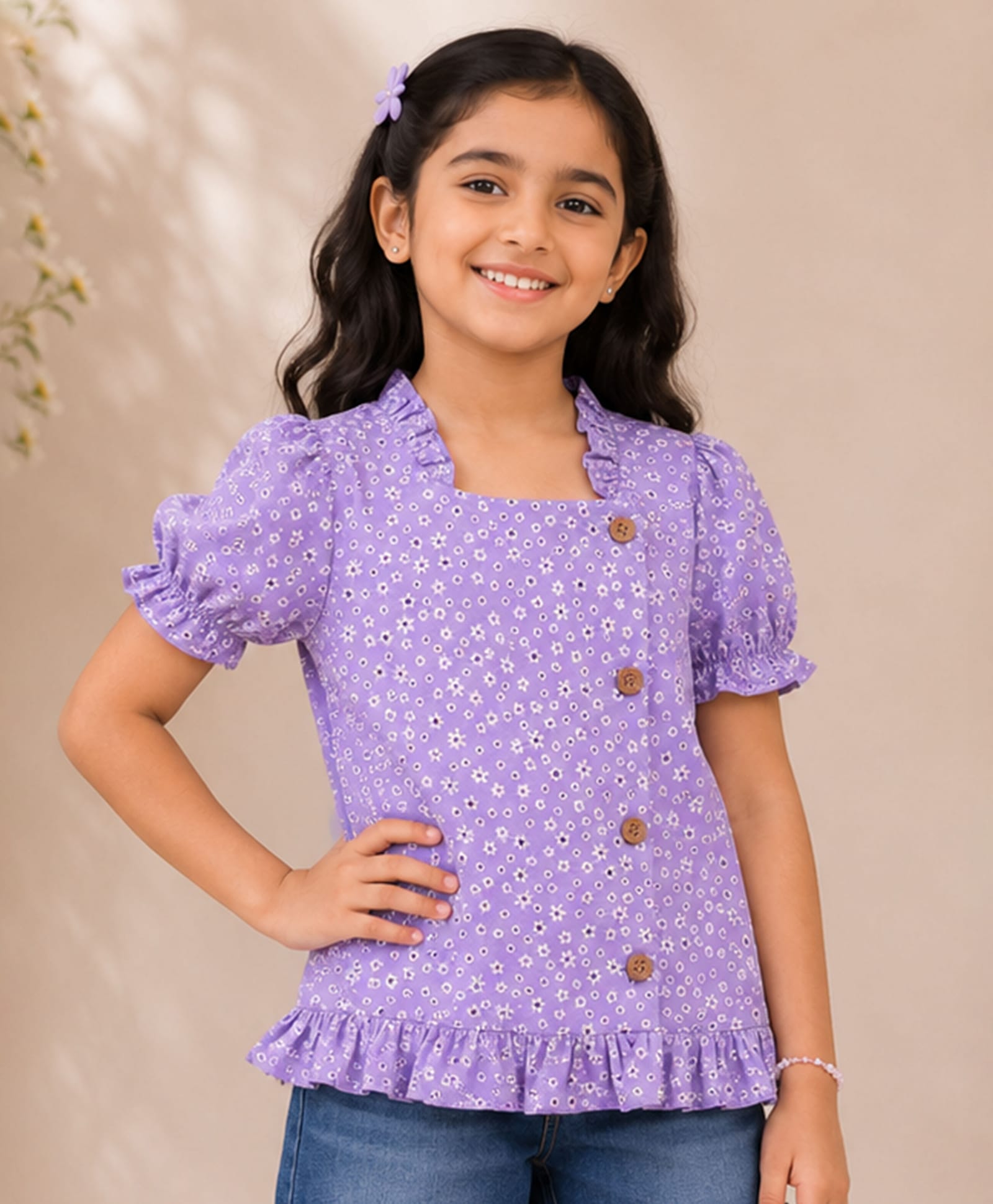 Kiddopanti Rayon Woven Half Puffed Sleeves Abstract Printed Top - Lavender-image-45