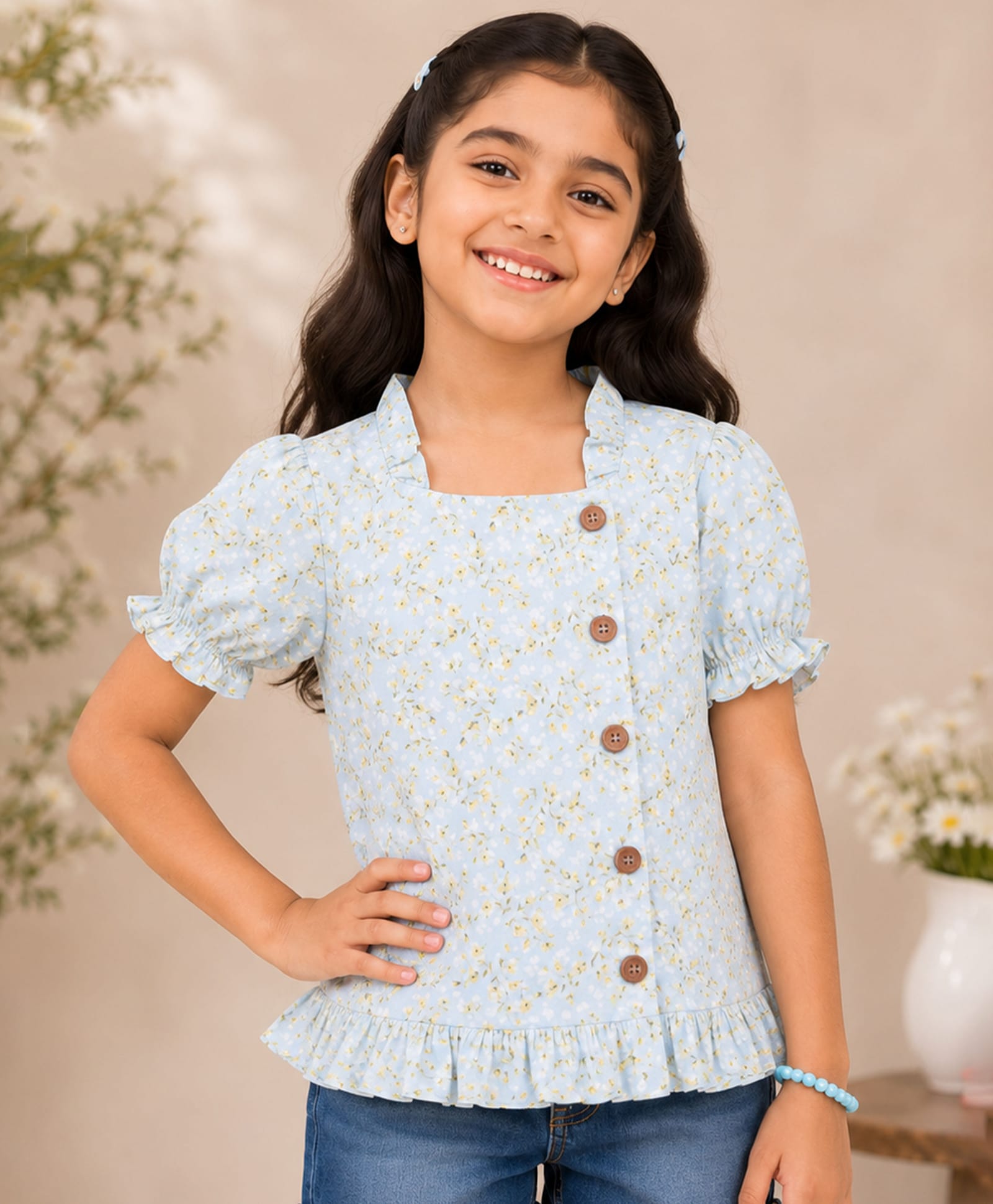 Kiddopanti Rayon Woven Half Puffed Sleeves Abstract Printed Top - Light Blue-picture-19