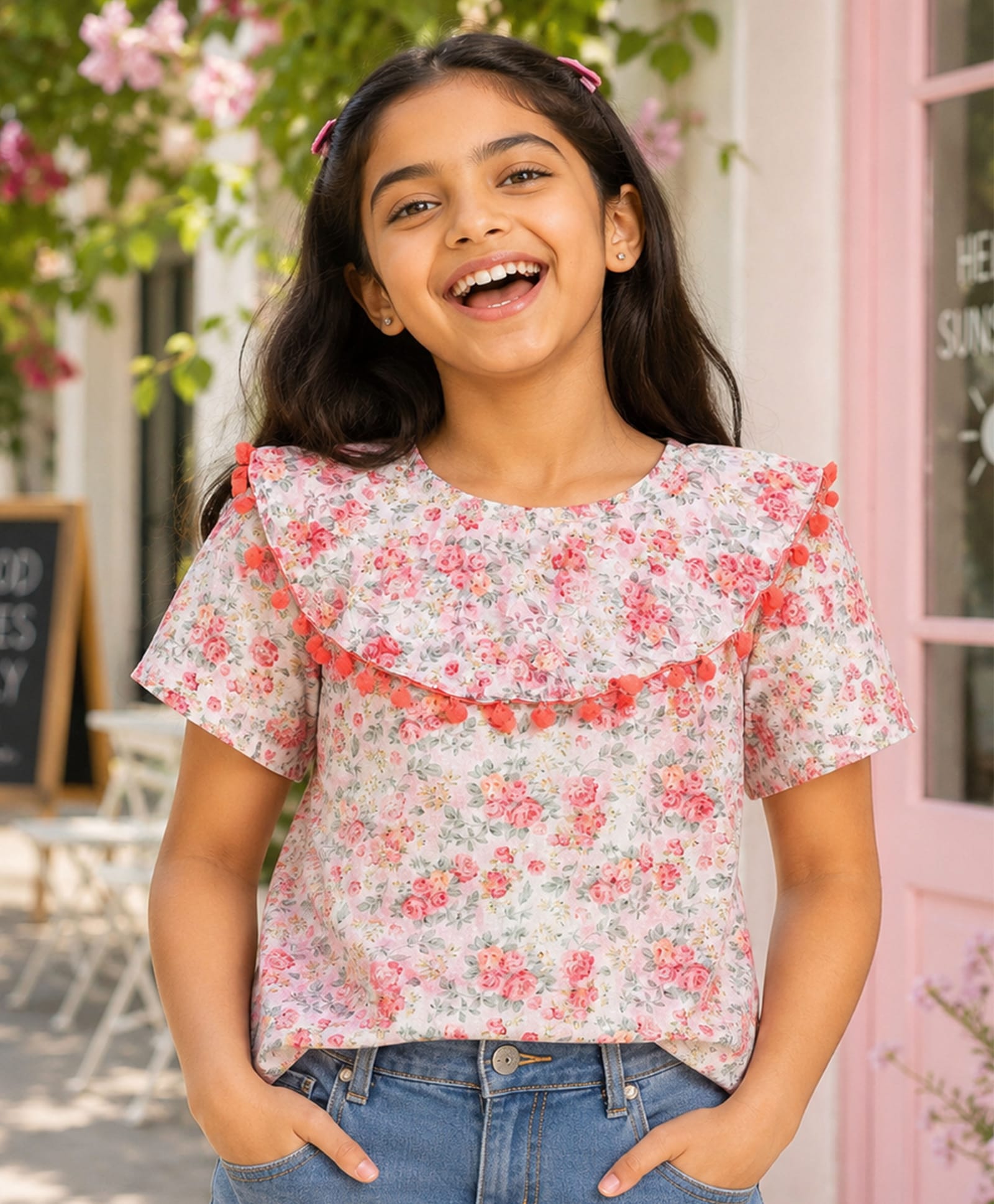 Kiddopanti Georgette Woven Sleeveless Floral Printed Pom Pom Embellished Top - White-picture-12