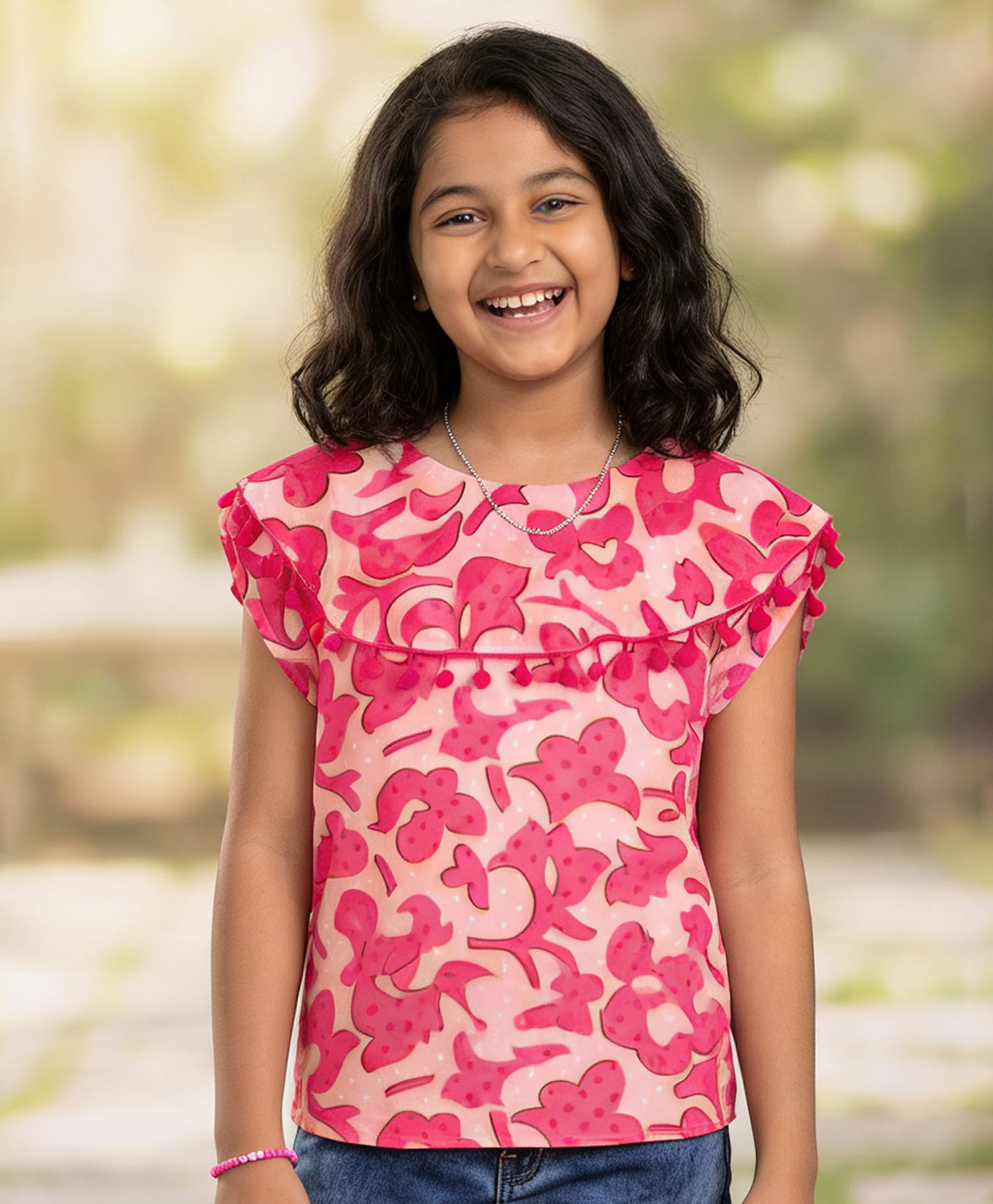 Kiddopanti Georgette Woven Sleeveless Floral Printed Pom Pom Embellished Top - Pink-picture-18