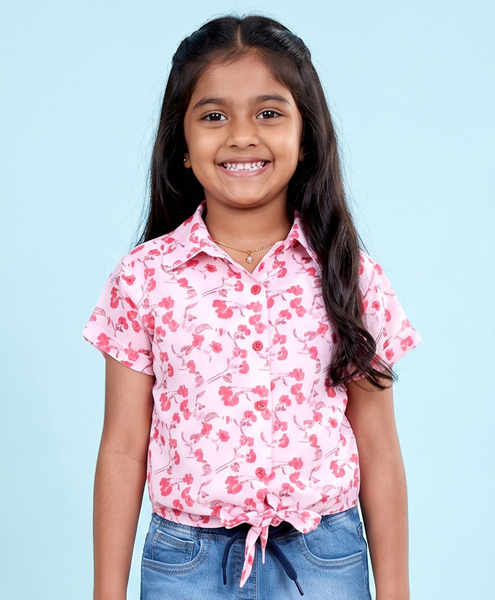 Kiddopanti Georgette Woven Half Sleeves Floral Printed Tie Up Detailed Shirt Style Top - Baby Pink-image-17