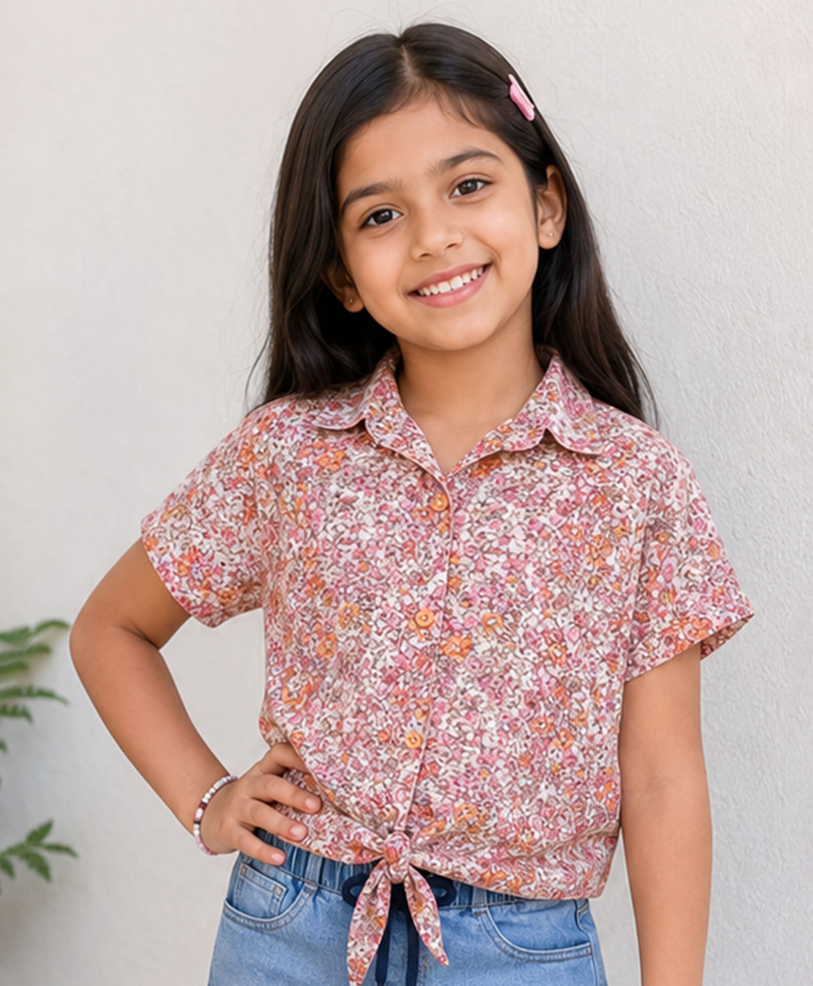 Kiddopanti Georgette Woven Half Sleeves Floral Printed Tie Up Detailed Shirt Style Top - Multi Colour-image-45