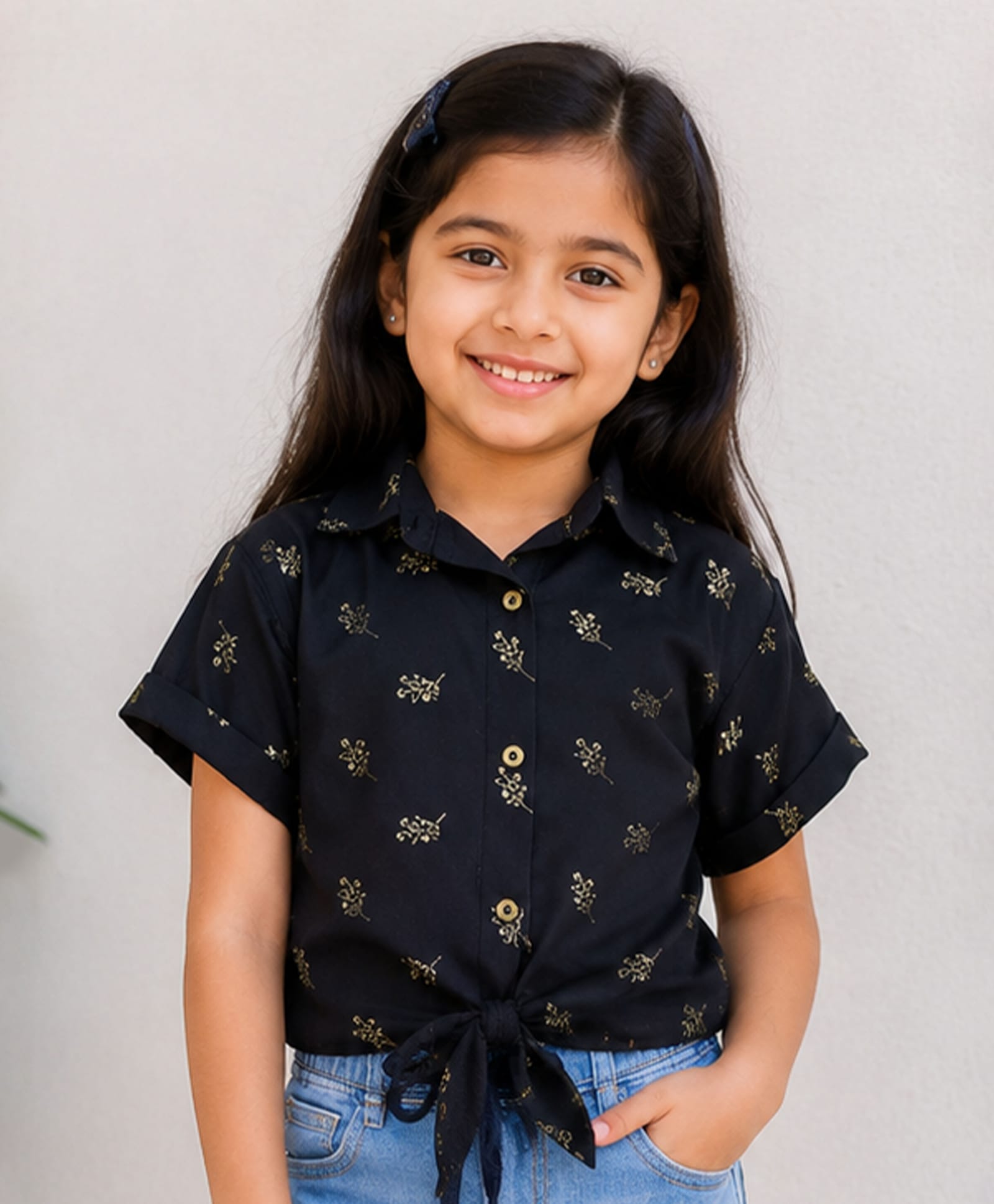 Kiddopanti Georgette Woven Half Sleeves Floral Printed Tie Up Detailed Shirt Style Top - Black-picture-11
