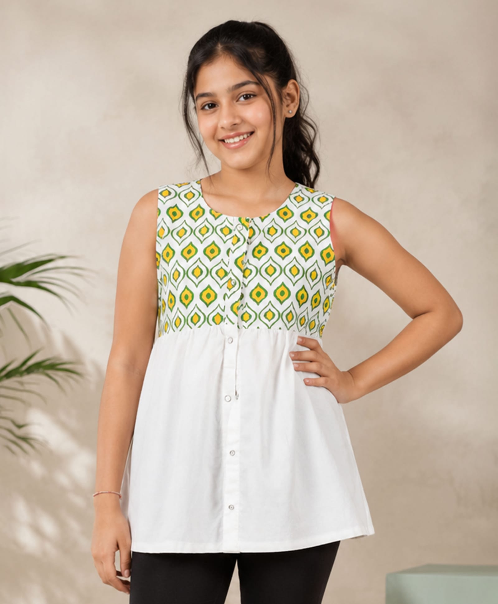 Kiddopanti Cotton Woven Sleeveless Geometric Printed Top - Green & Blue-picture-35