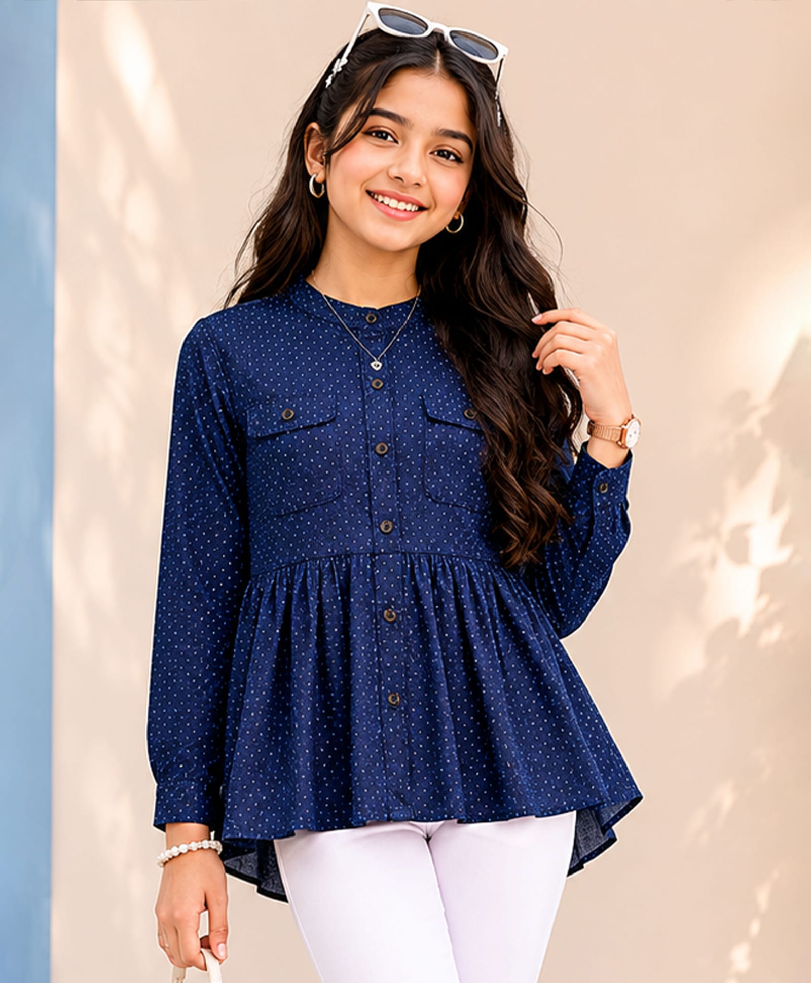 Kiddopanti Cotton Woven Full Sleeves Polka Dots Printed Peplum Top - Indigo-image-14