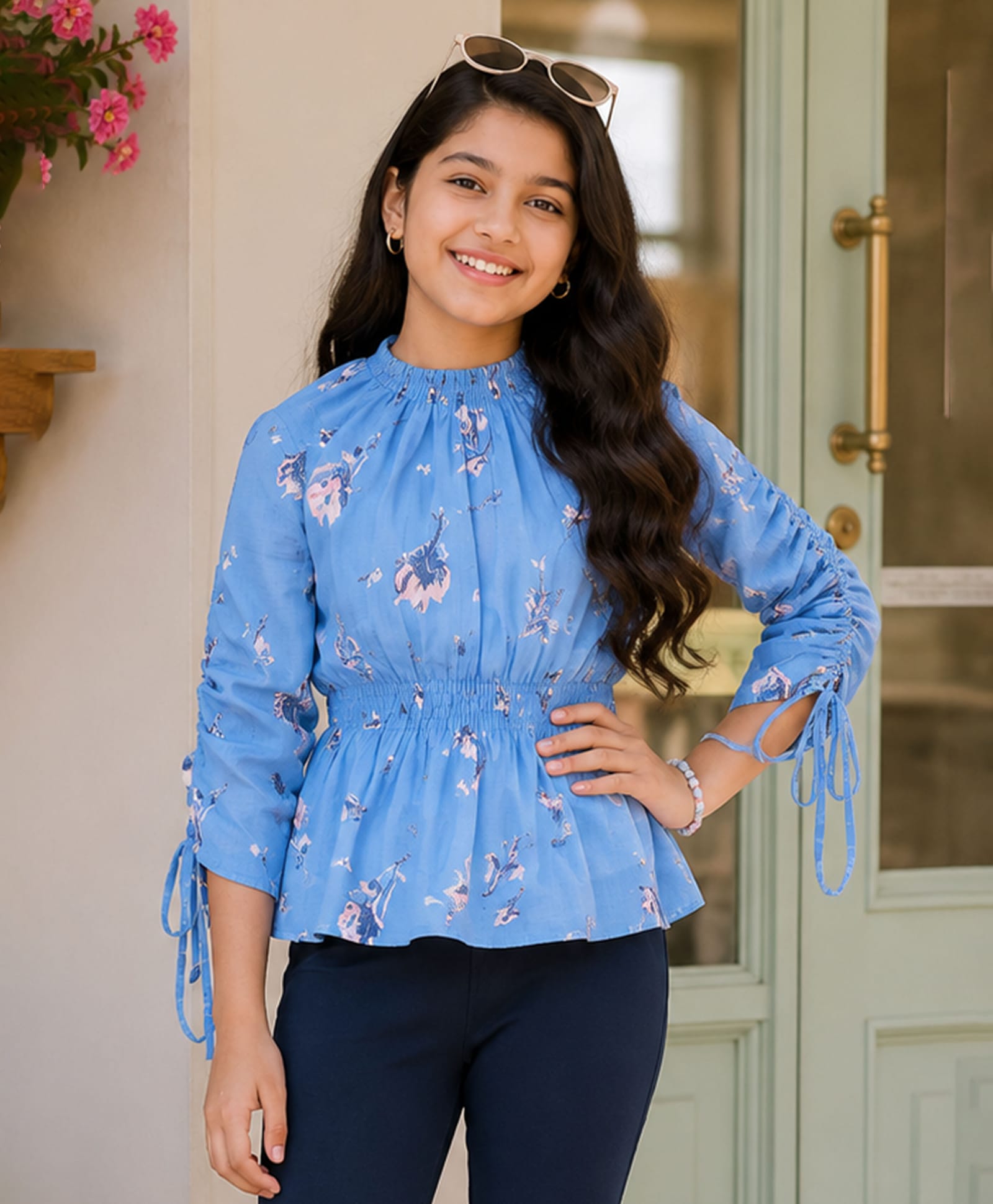 Kiddopanti Georgette Woven Three Fourth Sleeves Floral Printed Tie Up & Smock Detailed Top - Blue-image-21