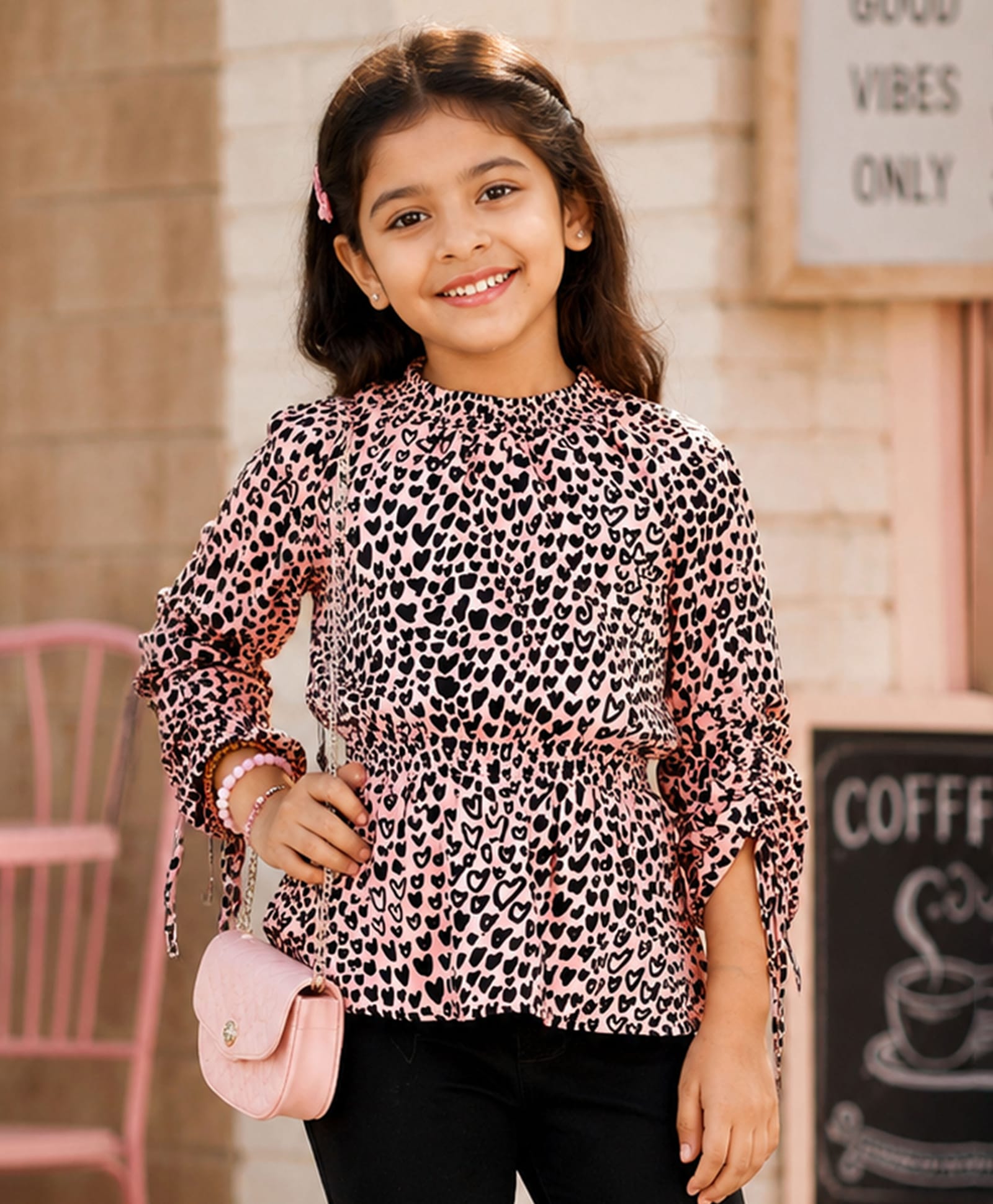 Kiddopanti Georgette Woven Three Fourth Sleeves Hearts Printed Tie Up & Smock Detailed Top - Pink-picture-19