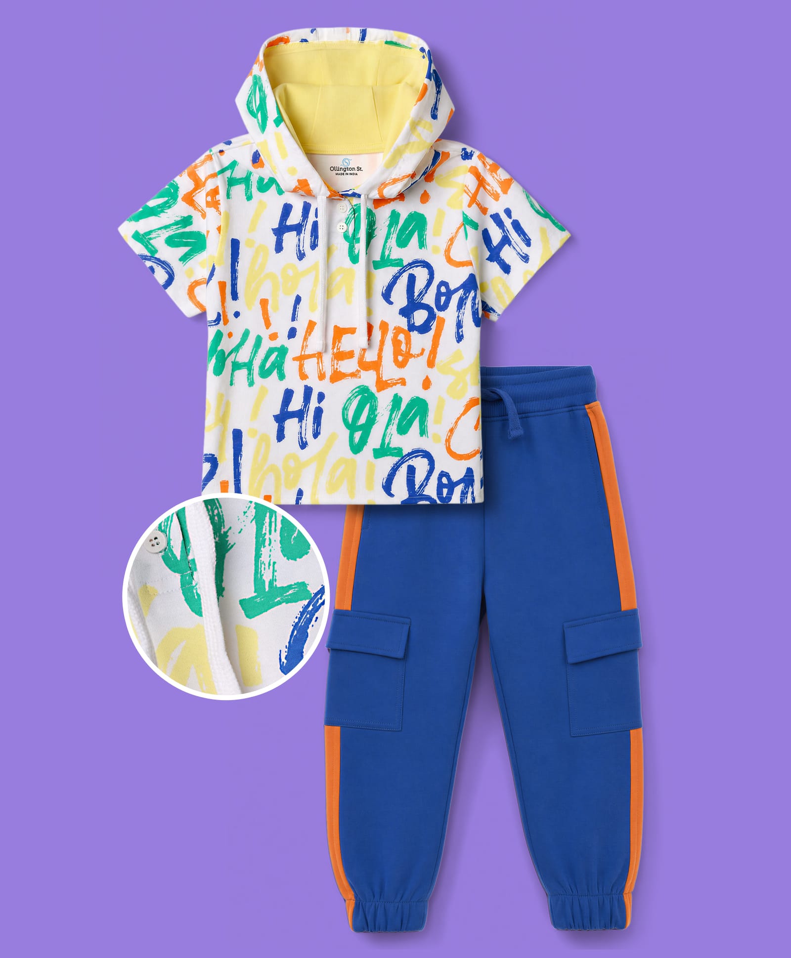 OLLINGTON ST. Cotton Knit Text Printed Half Sleeve T-Shirt With Hoodie & Joggers - Multicolour & Blue-picture-21