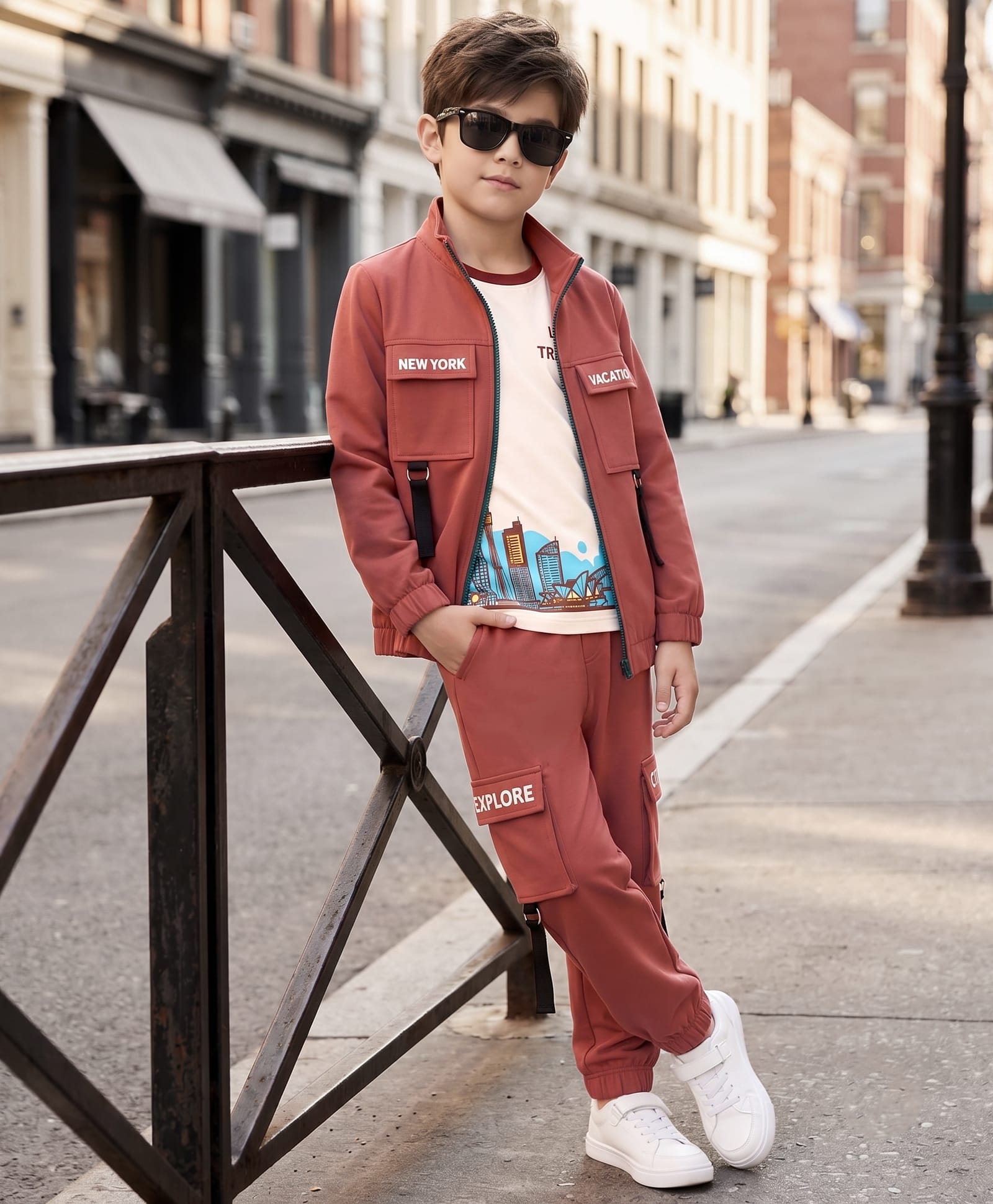 OLLINGTON ST. Looper Cotton Knit Full Sleeves Sweat Jacket With Text Print T-Shirt & Jogger - Brown & Beige
