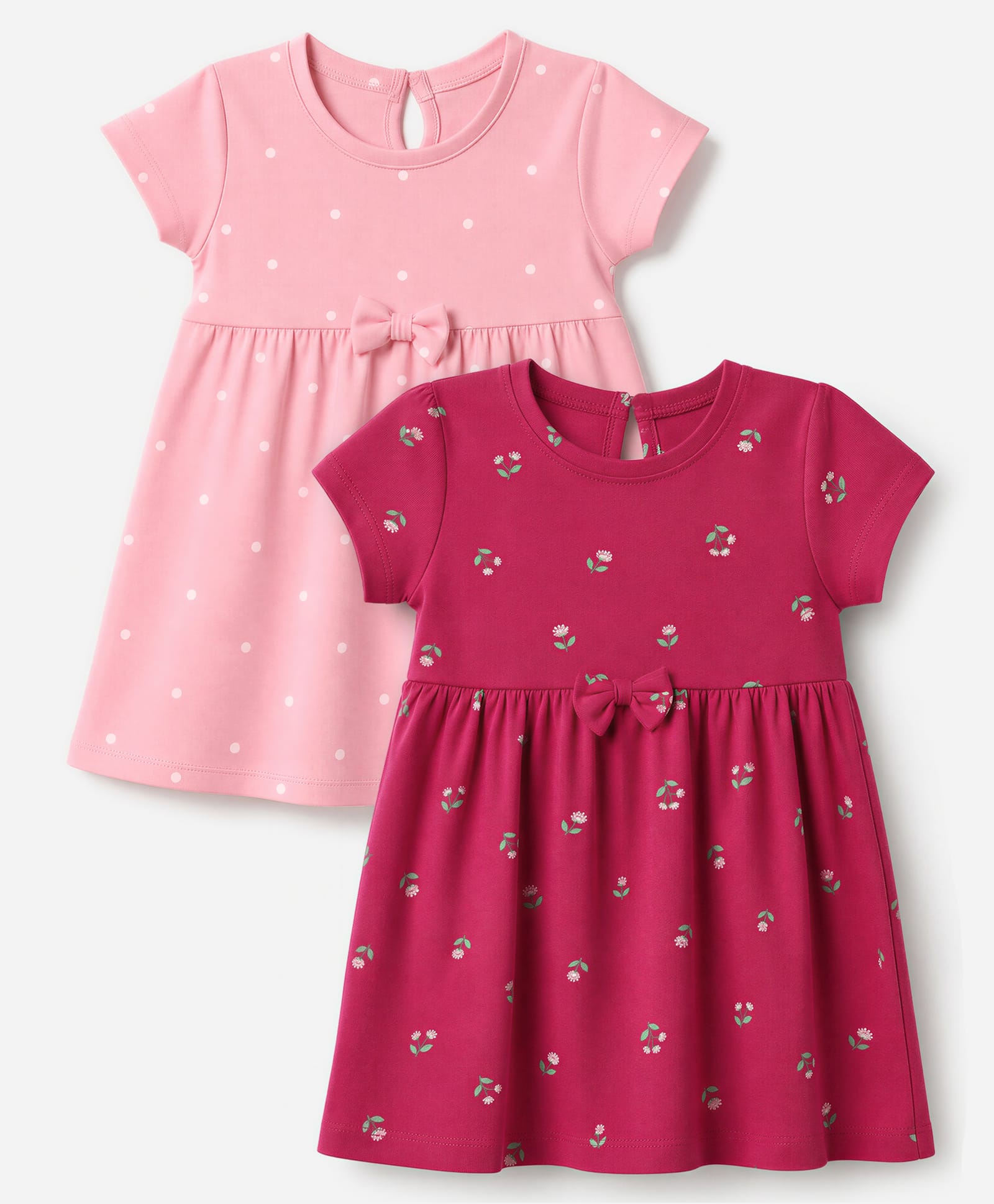Babyhug Single Jersey Knit Half Sleeves One-Piece Dress With Polka Dots & Floral Print & Bow Applique Pack of 2 - Pink & Dark Pink-image-43