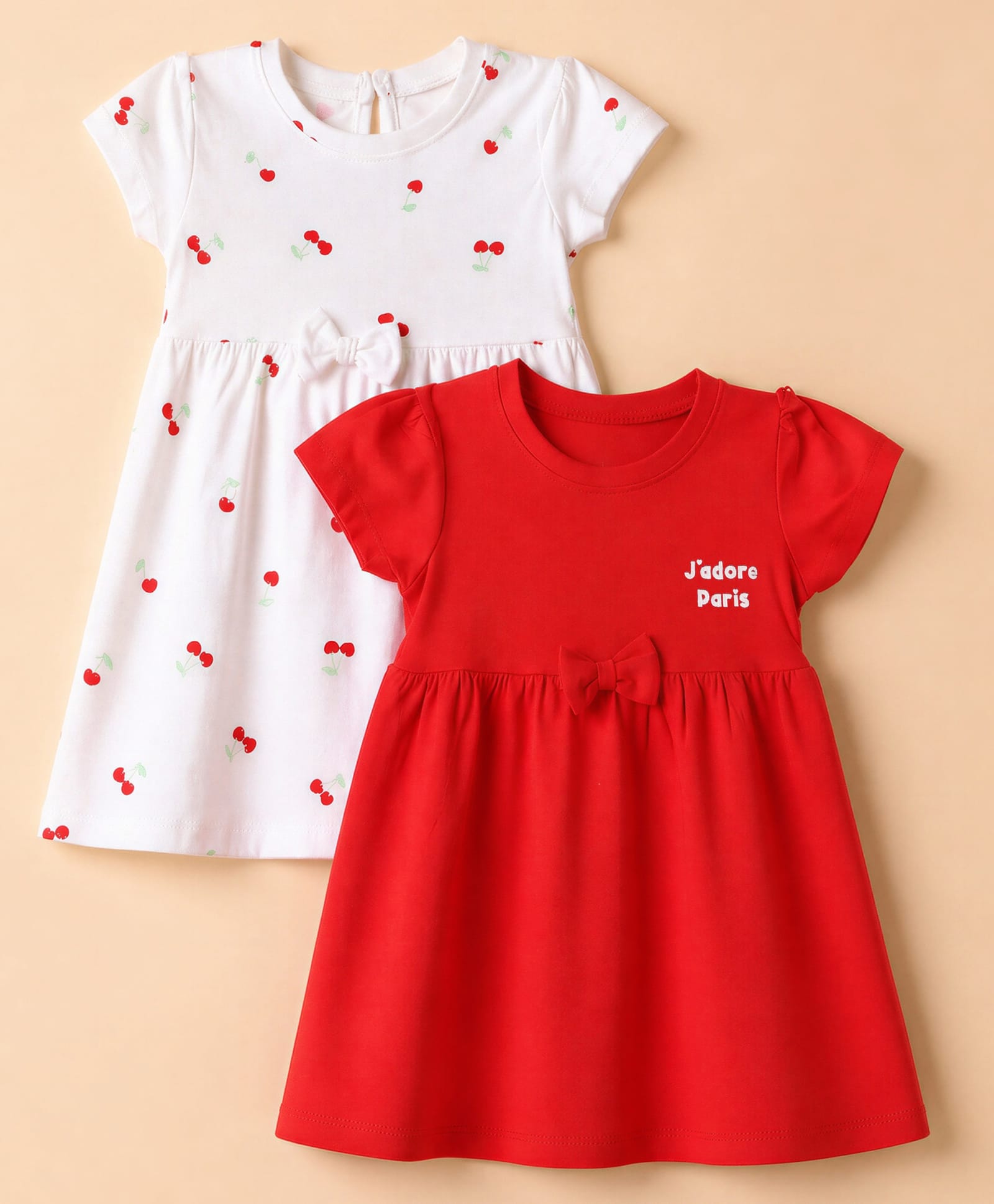 Babyhug Single Jersey Knit Half Sleeves Frocks with Cherry Print & Bow Applique Pack of 2 - White & Red-image-22