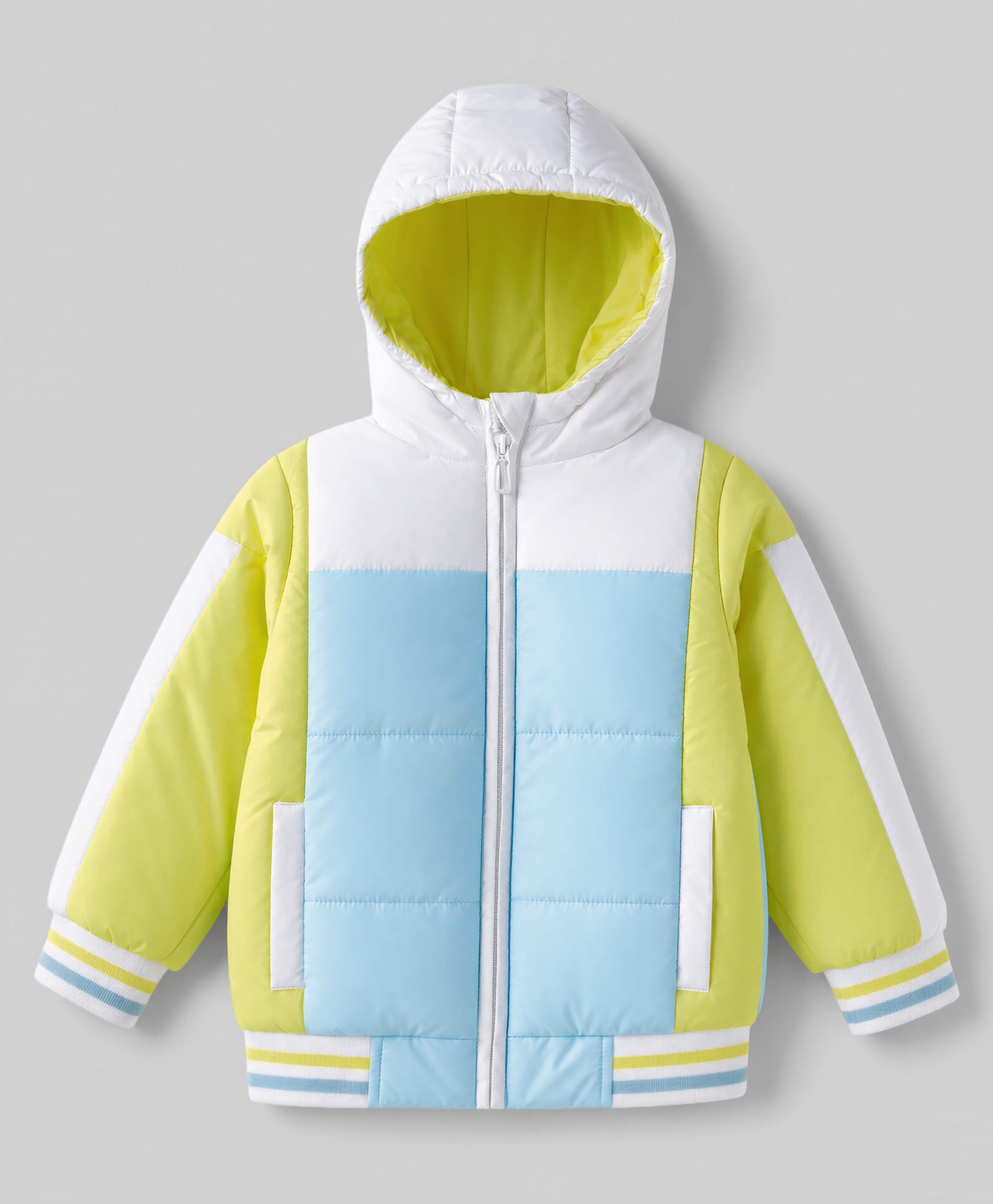 Babyhug Woven Full Sleeves Hooded Padded Colour Block Jacket - White Light Blue & Yellow-image-44