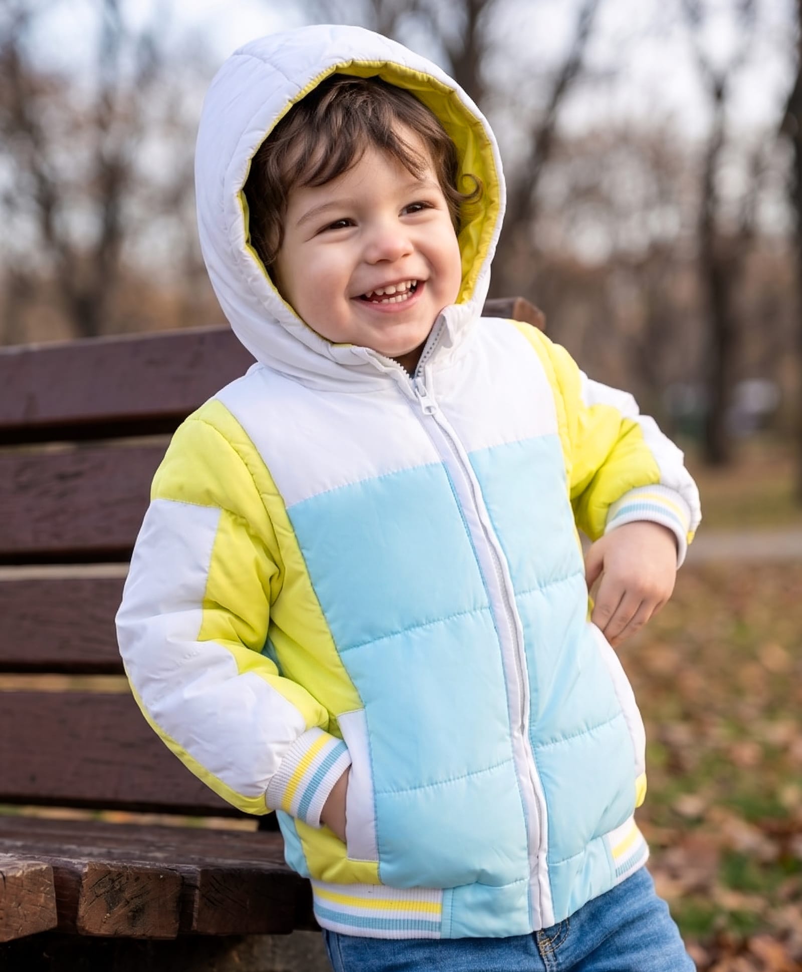 Babyhug Woven Full Sleeves Hooded Padded Colour Block Jacket - White Light Blue & Yellow-image-47