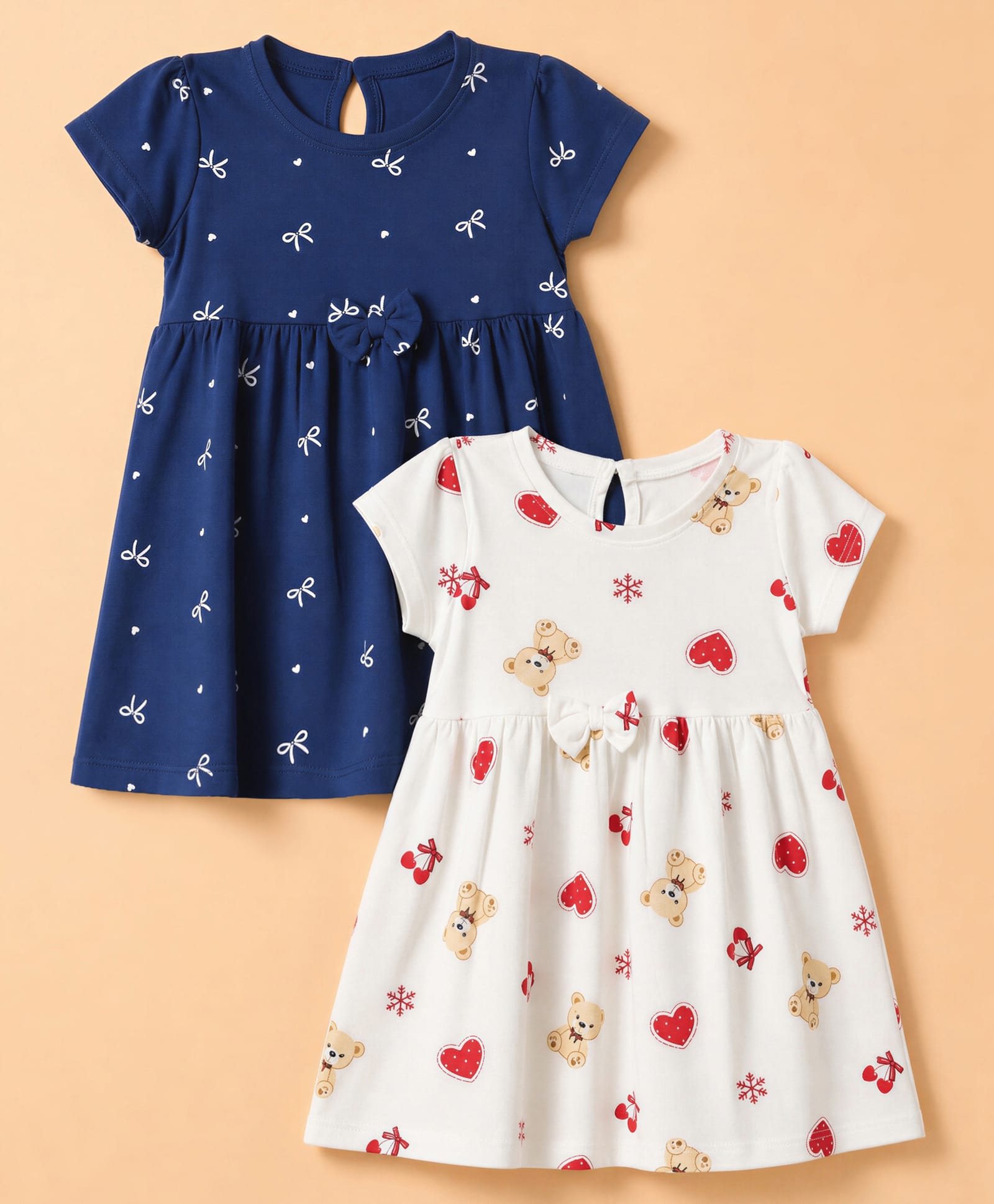 Babyhug Single Jersey Knit Half Sleeves Frocks with Printed Hearts and Bows Applique Pack of 2 - White & Navy Blue-image-43