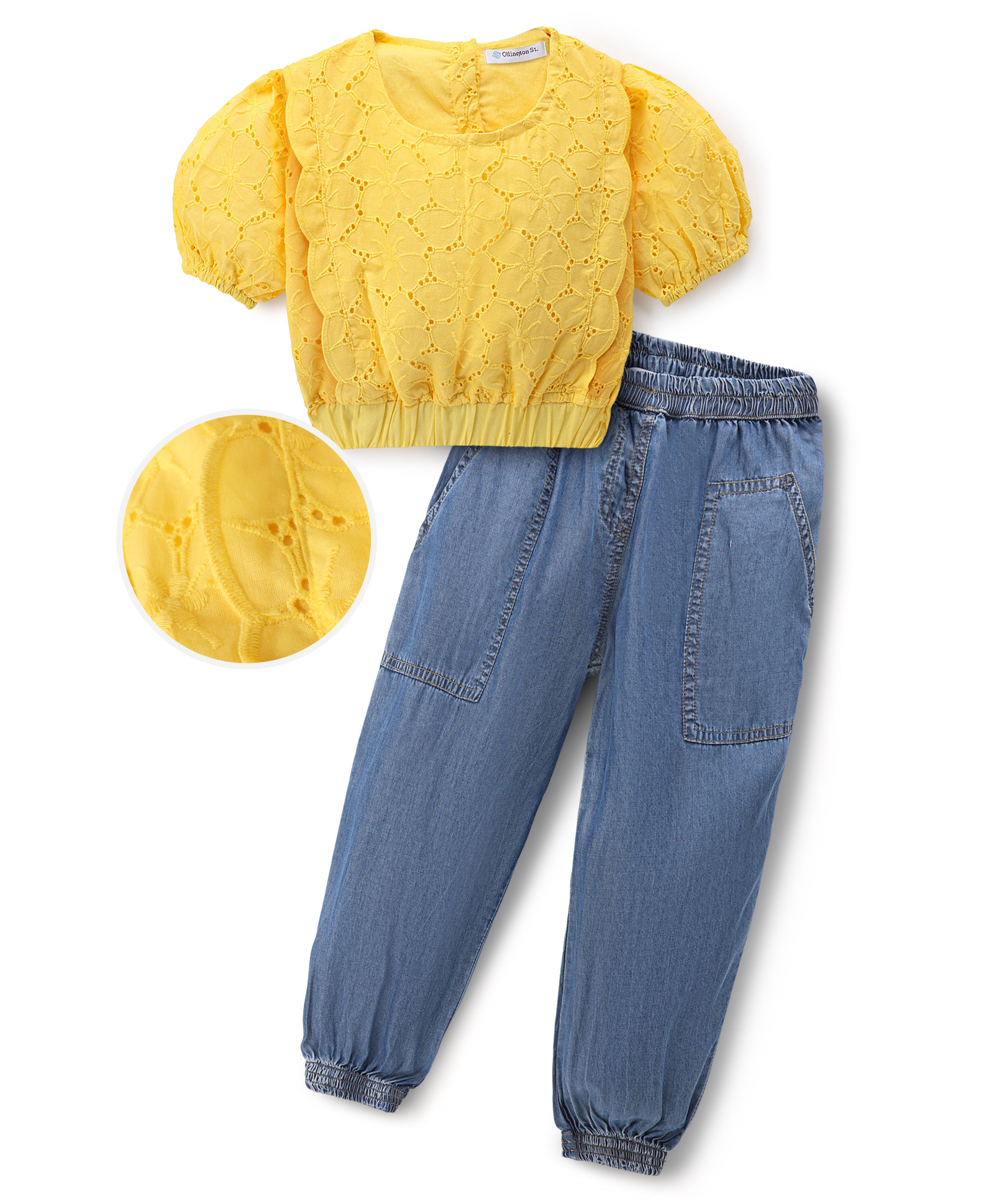OLLINGTON ST. Cotton Schiffili Woven Half Sleeves Top With Denim Joggers Set - Yellow & Blue-image-19